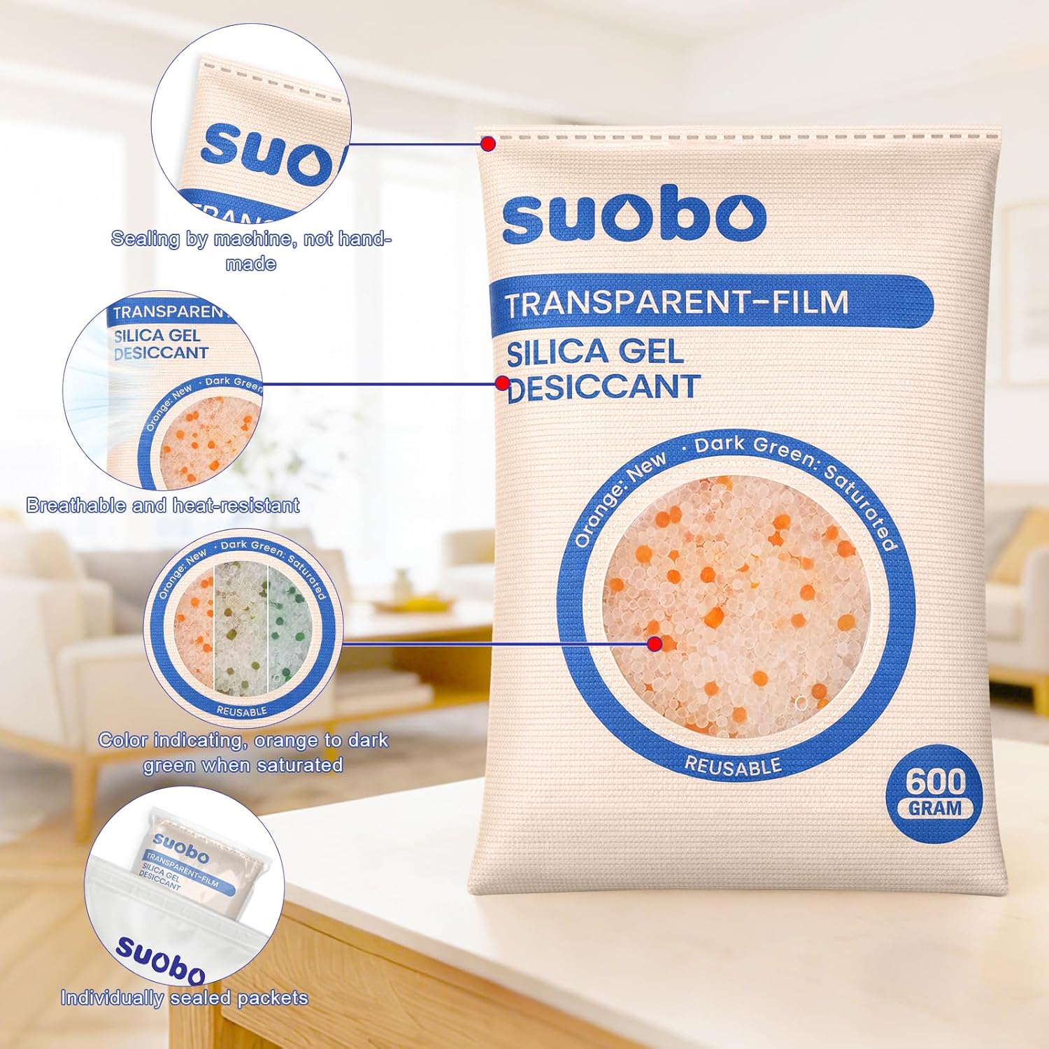 Transparent Film Desiccant Packs for Storage, 5 Packs 600 Gram Large Silica Gel Packets Reusable, Color Indicating Moisture Absorbers, Dehumidifier for Car, Safe, 3D Filaments, Closet