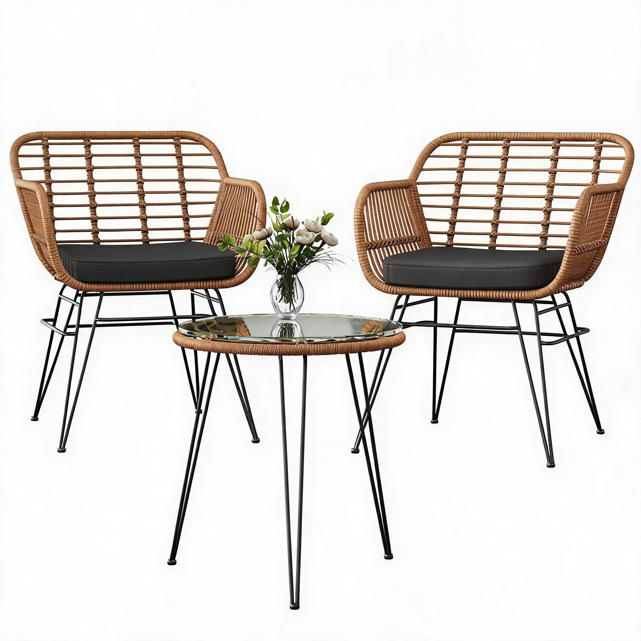 3-teiliges Rattan Gartenmöbel Set, Bistrotisch mit 2 Stühlen，Balkonmöbel