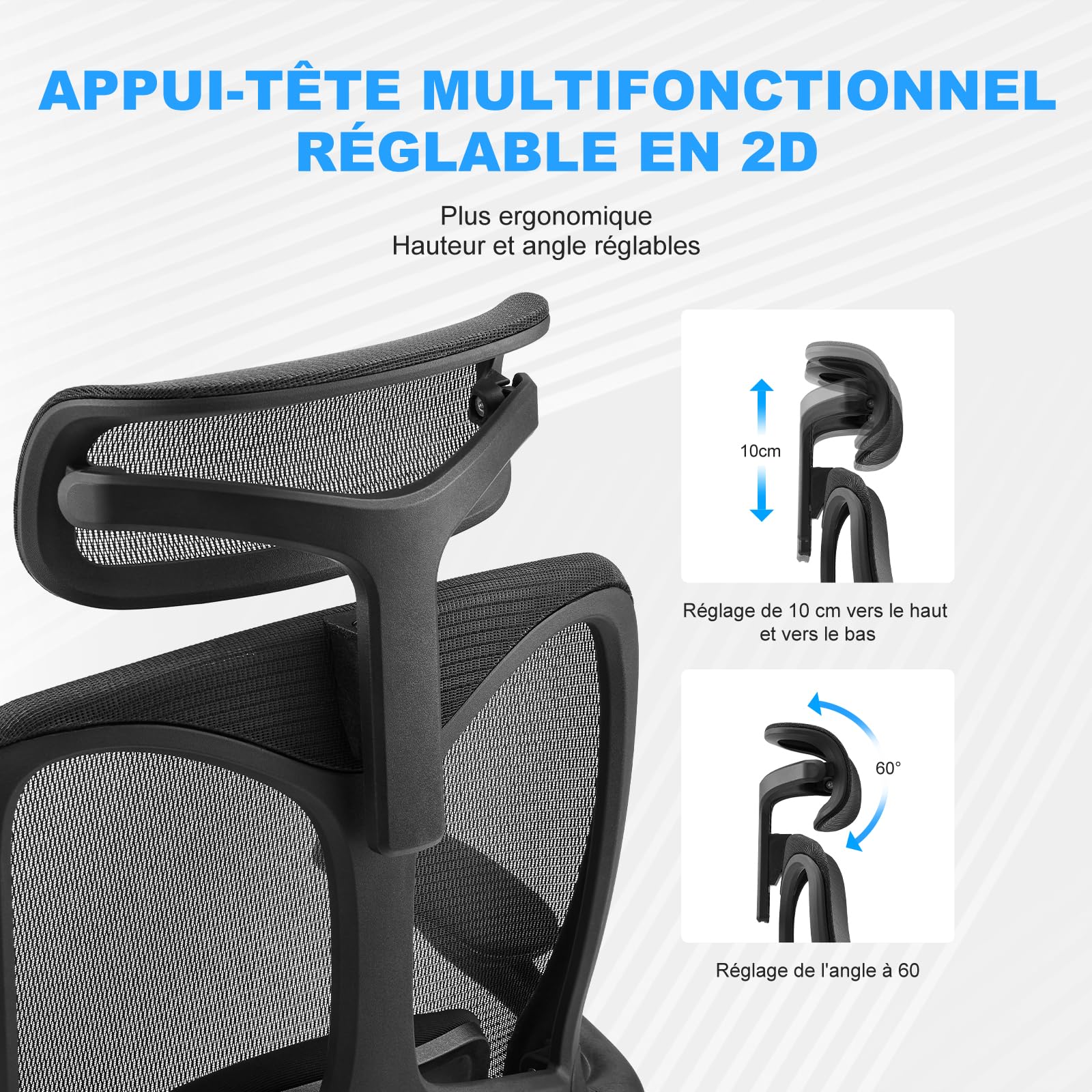Magic Life Chaise de Bureau Ergonomique,Chaise avec Appui-tête 2D en Maille avec Dossier Haut,Support Lombaire Confortable,accoudoirs réglables (Negro)