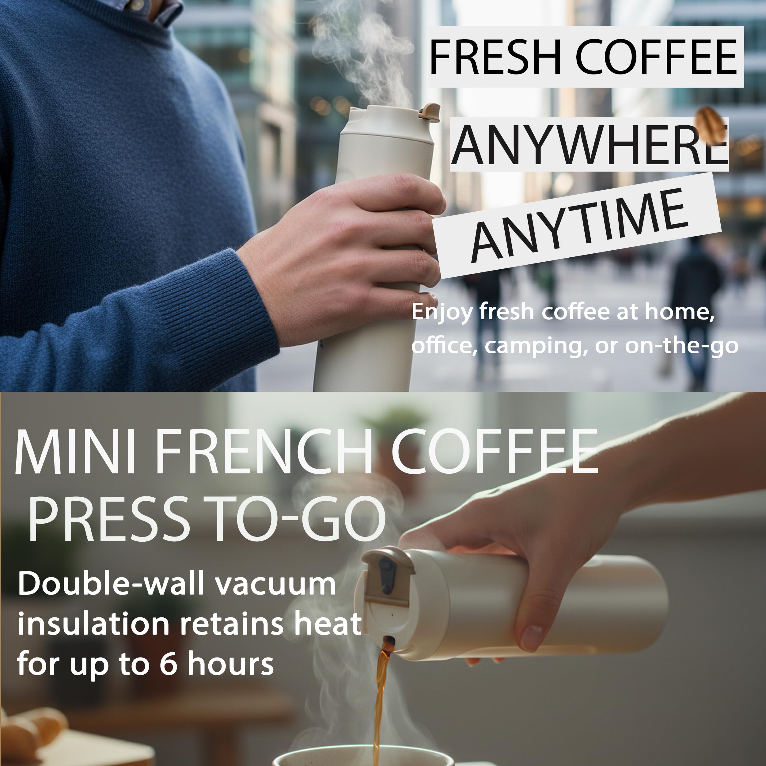 Heemburg Cafetera de prensa francesa para llevar, prensa de café de viaje aislada, acero inoxidable, aspiradora de doble pared, mantiene el café caliente durante 6 horas, portátil y reutilizable para
