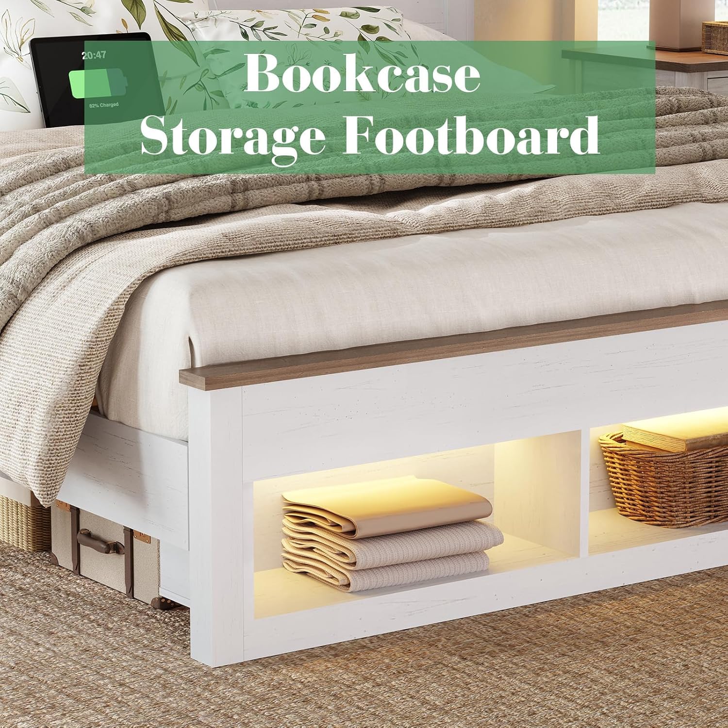 Footboard storage with folded blankets