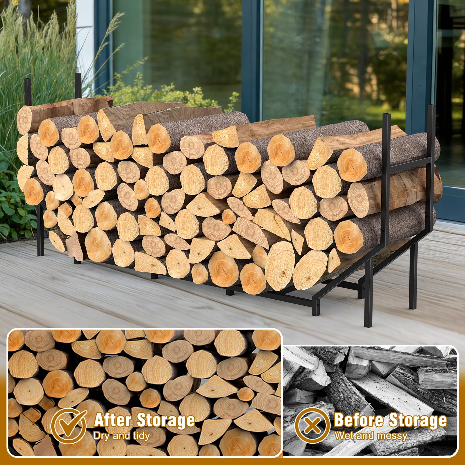 LIANTRAL Étagère à bûches de cheminée en métal pour l'extérieur - 180 x 32 x 77,5 cm - Noir