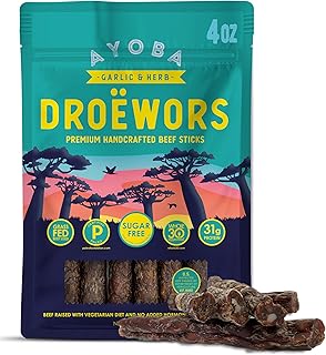 Ayoba Garlic & Herb Droewors Grass Fed Beef Paleo Sticks (4 Ounce, Pack of 1) - Keto Friendly, Air-Dried Beef Protein Snacks - Low Carb, Gluten Free, Nitrate Free, No Sugar, Meat Snacks