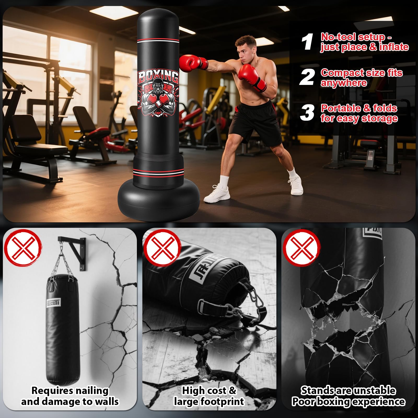 Ninonly Sacco da boxe in piedi per adulti, 190 cm, con guanti e pompa | Sacco da boxe pesante, per donne e uomini, kickboxing, MMA, Muay Thai, fitness, principianti, installazione rapida