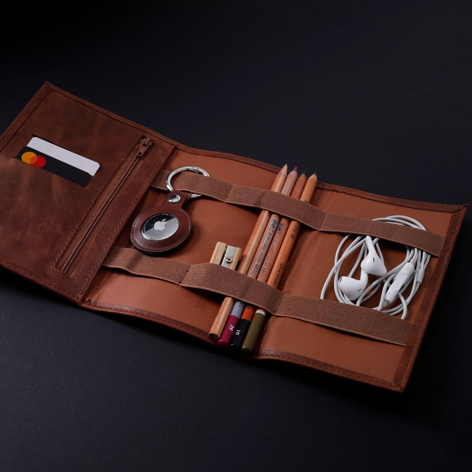 HARDISTON Custom Leather Tech Organizer Roll – Personalized Cord Pouch for Travel Tech Accessories, USB Cables, Charger, Passport, SD Cards – Handmade Gift for All