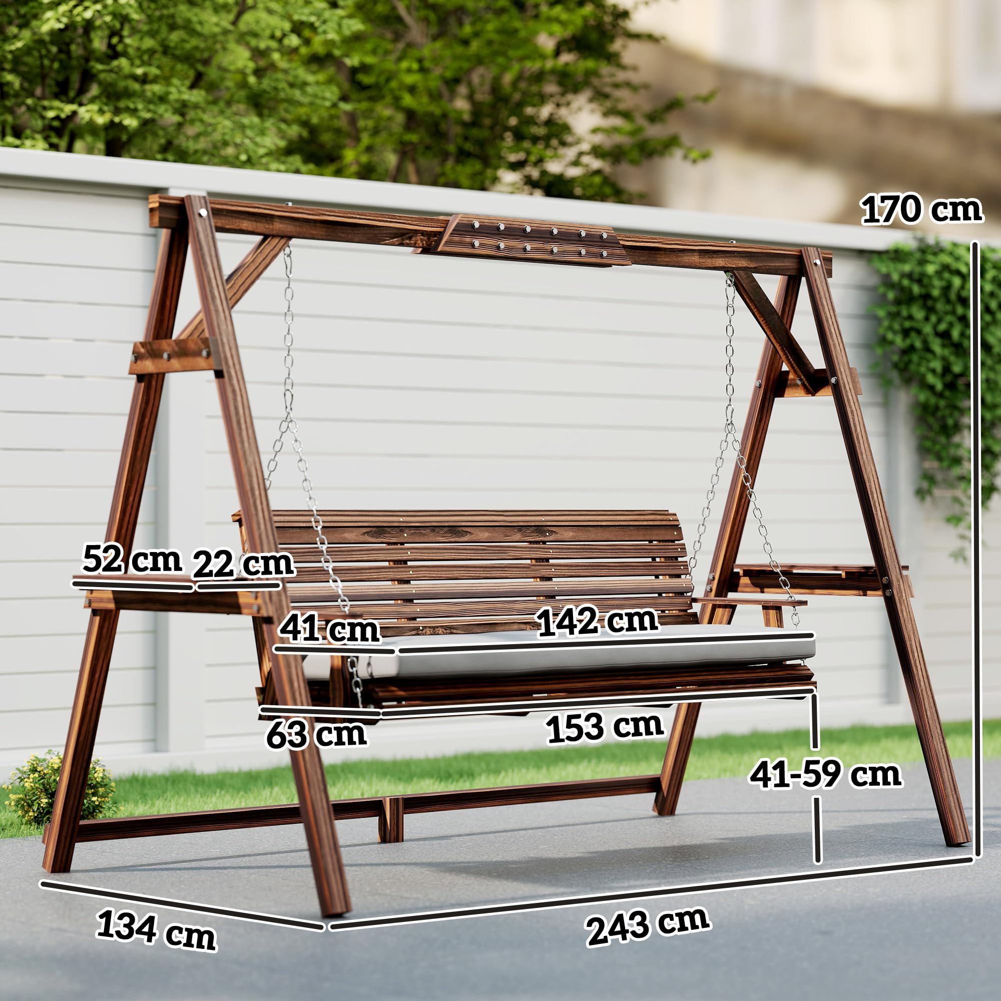 Outsunny Dondolo Hollywood, altalena da giardino a 3 posti, in legno, con cuscino, portata fino a 330 kg, per giardino, terrazza, 243 x 134 x 170 cm, carbonizzato