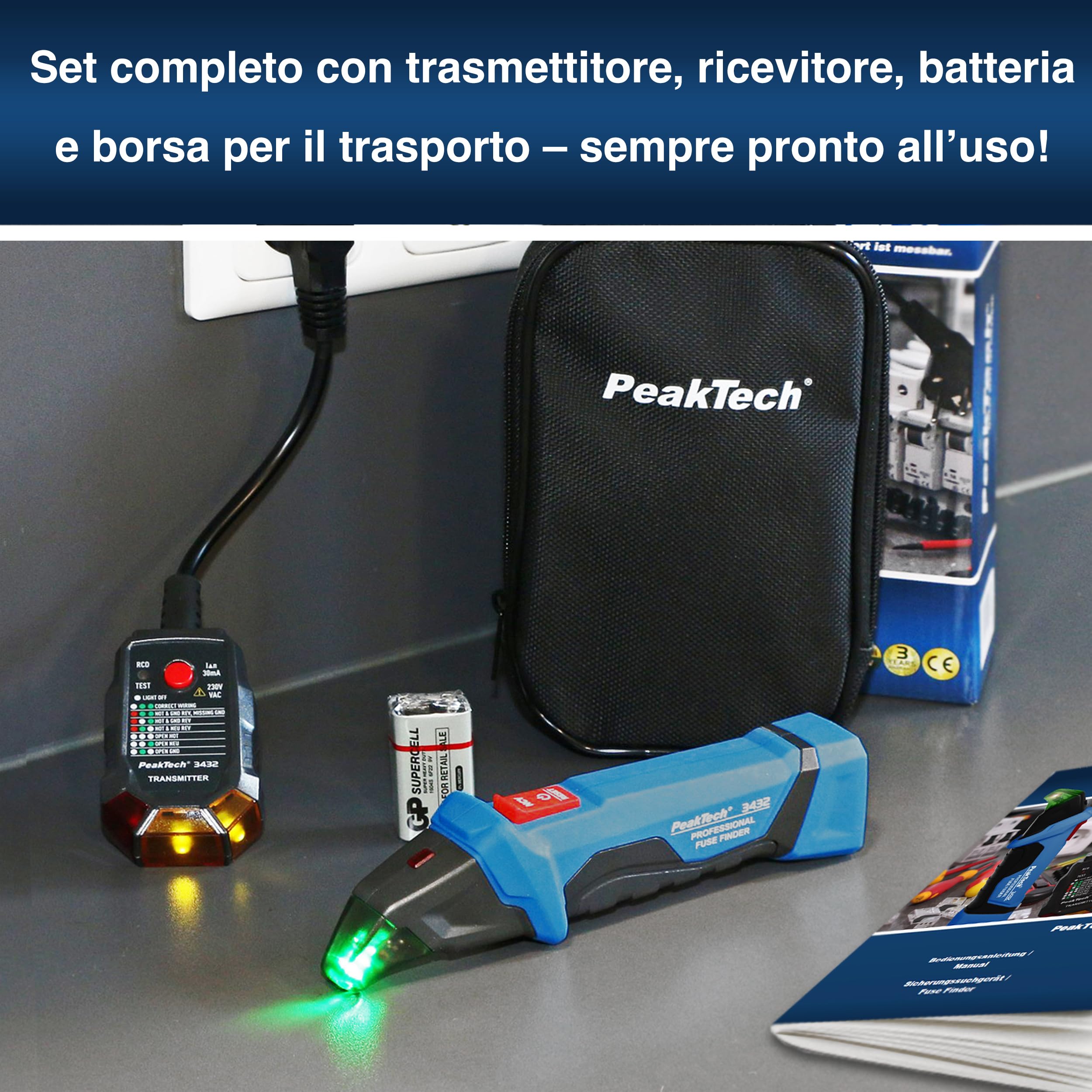 PeakTech P 3432, rilevatore di fusibili, dispositivo di localizzazione per circuiti elettrici, tester di tensione senza contatto, con tester per prese Schuko da 230 V, tester di fase NCV, dispositivo