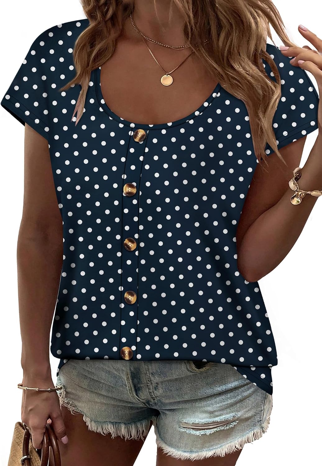 WIHOLL Womens Summer Tops Cap Short Sleeve Shirts Button Down Blouses U Neck T Shirts Fashion Clothing