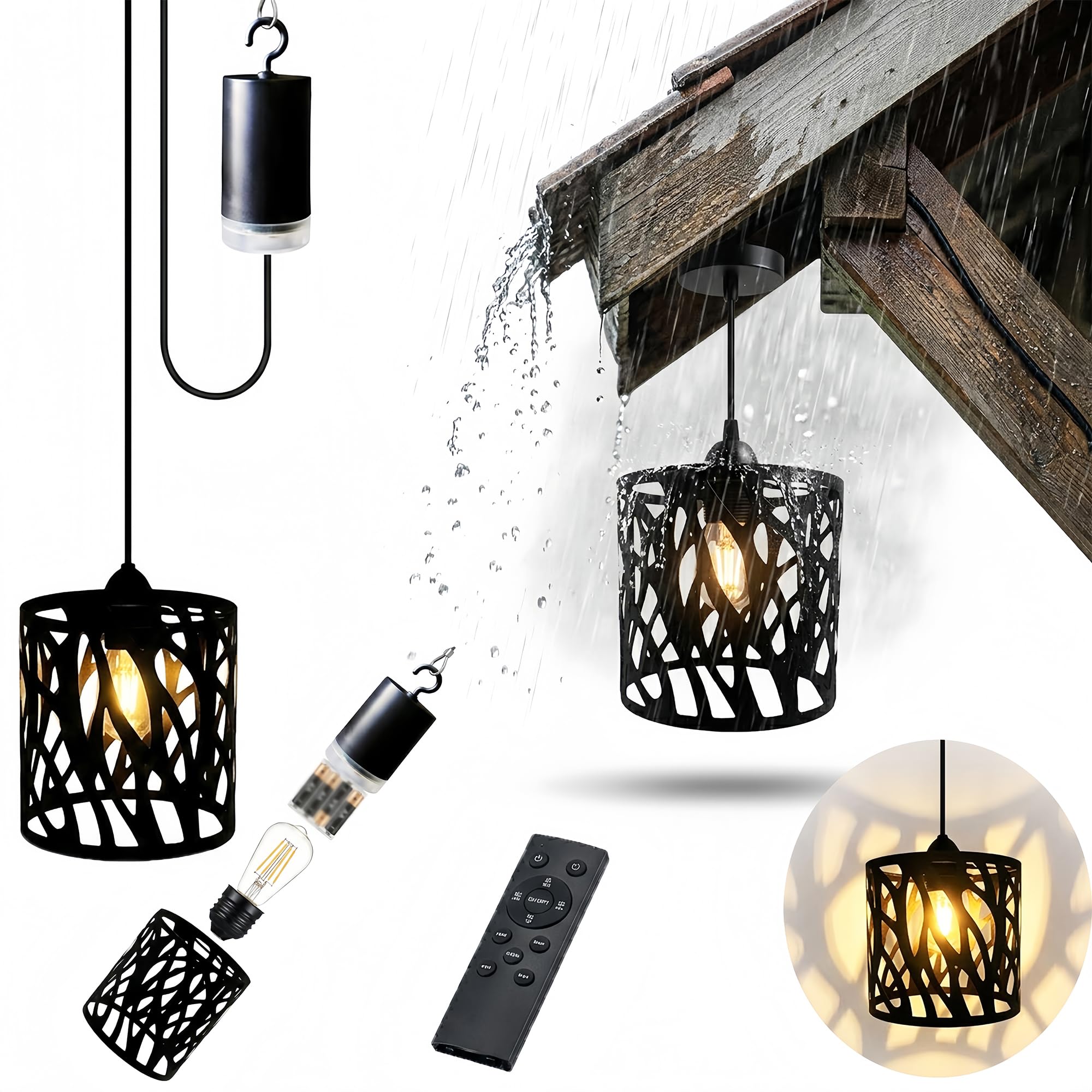 Wgzixezn Black Battery Operated Pendant Light With Remote Battery Operated Hanging Outdoor Chandelier Gazebo Lights Outdoor Waterproof, 4 Aa Batteries, For Gazebo,Pergola,Porch,Patio,Indoor/Outdoor