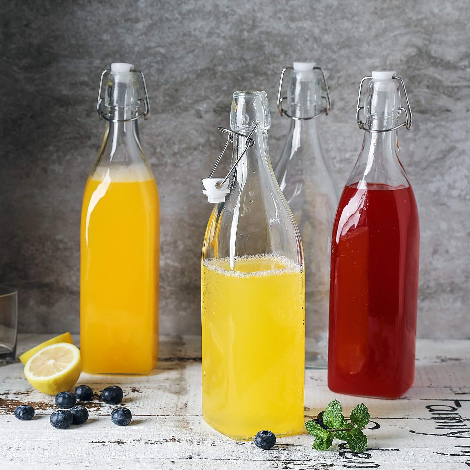 Swing Top Glass Bottles with Airtight Seal & Metal Clamp, 30 oz Square