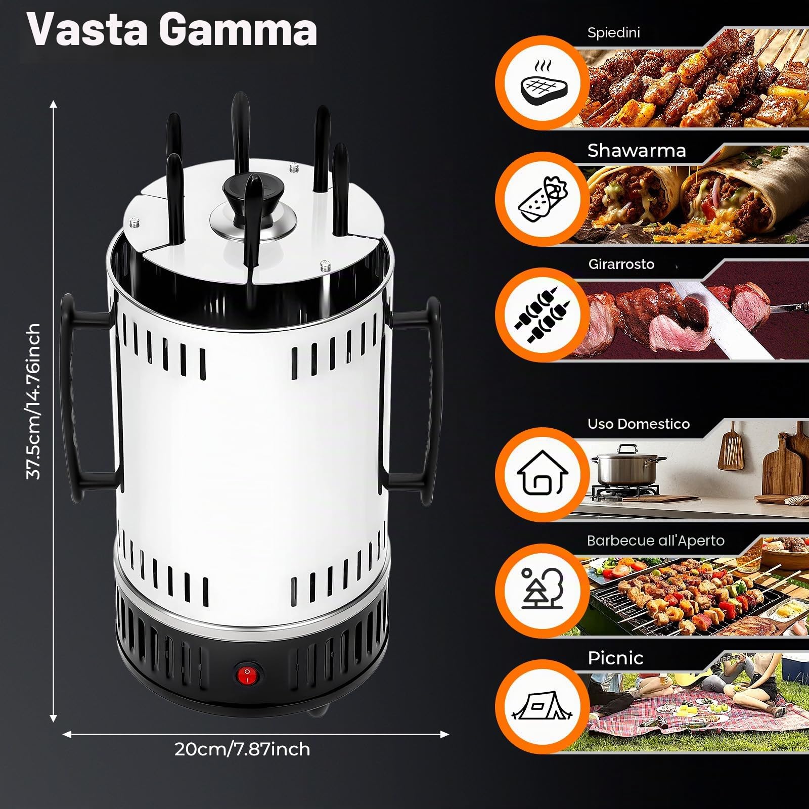 Barbecue per kebab elettrico verticale da 1000 W con 6 spiedini da girarrosto in acciaio inox senza fumo Barbecue per pollo allo spiedo 500 °C Barbecue da tavolo Barbecue verticale per la casa e il