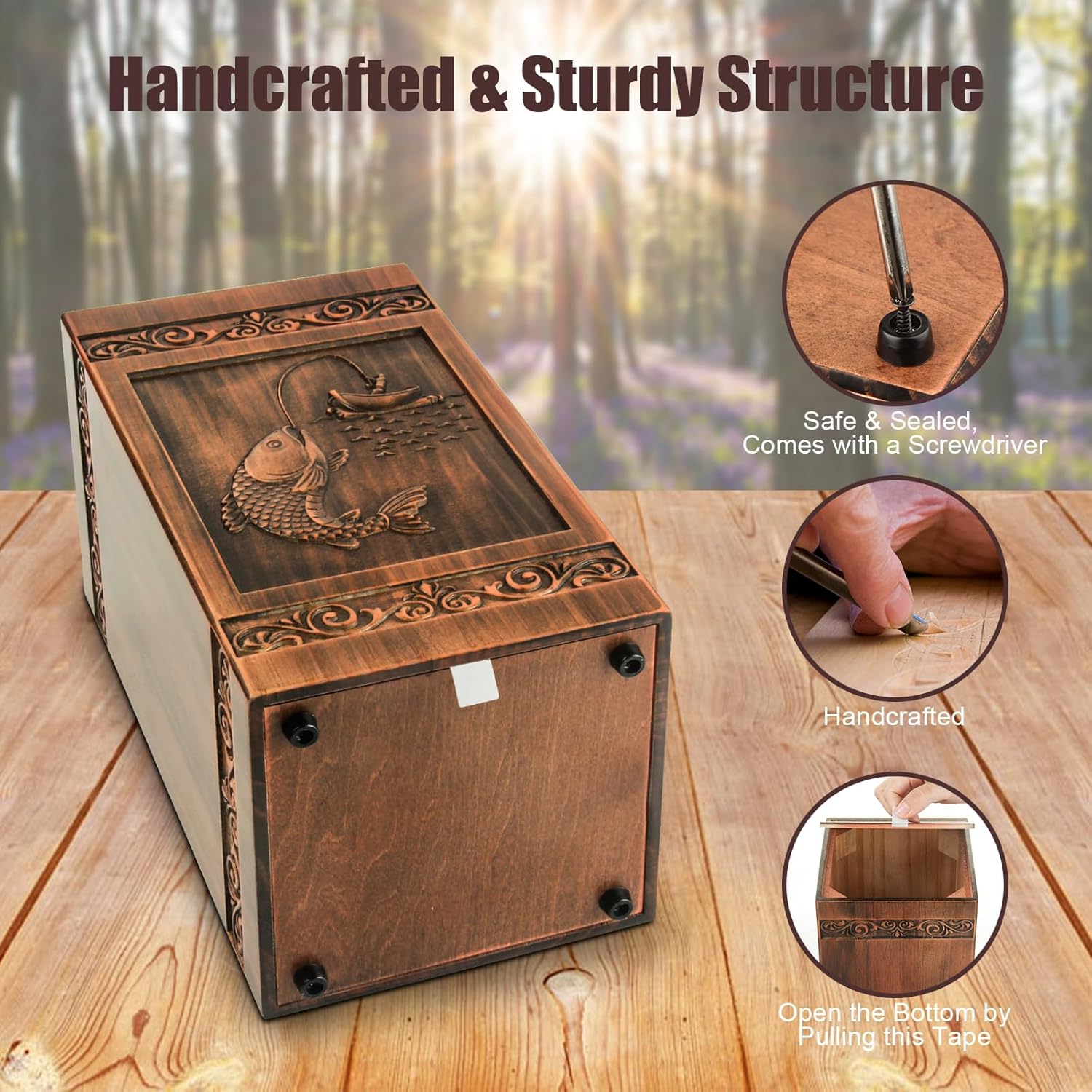 Wooden Urn for Ashes Adult Male Female, Cremation Urns for Human Ashes Adult Men Women, Decorative Burial Funeral Memorial Fishing Urns for Ashes, Urn Box Holds 250 Cubic Inches (Fishing)