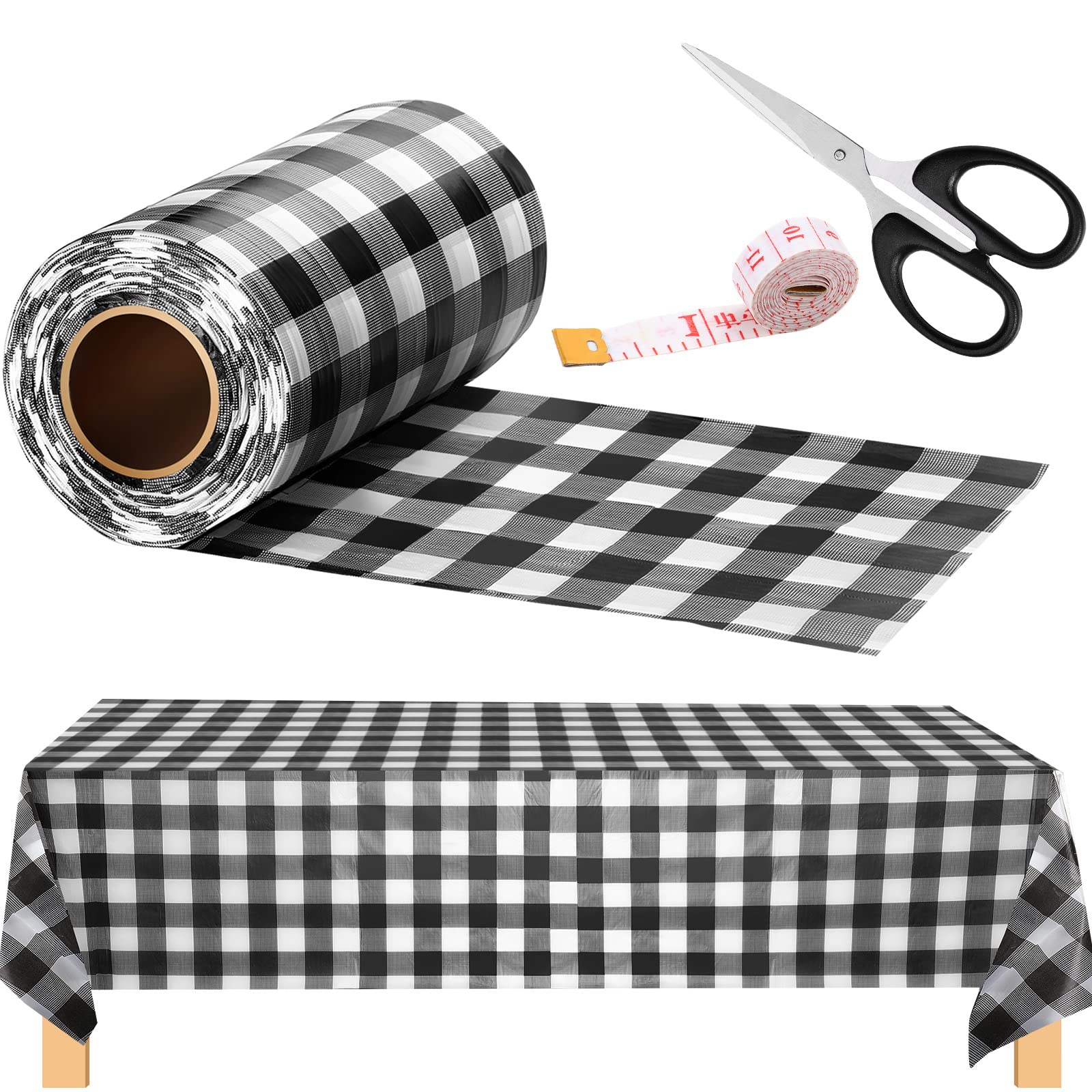 Gingham Plastic Tablecloth Roll 54 Inch x 197 Feet Disposable Waterproof Checkered Plastic Table Cloth with Scissors and Tape Measure for Picnic Banquet Birthday Wedding Party (Black and White)