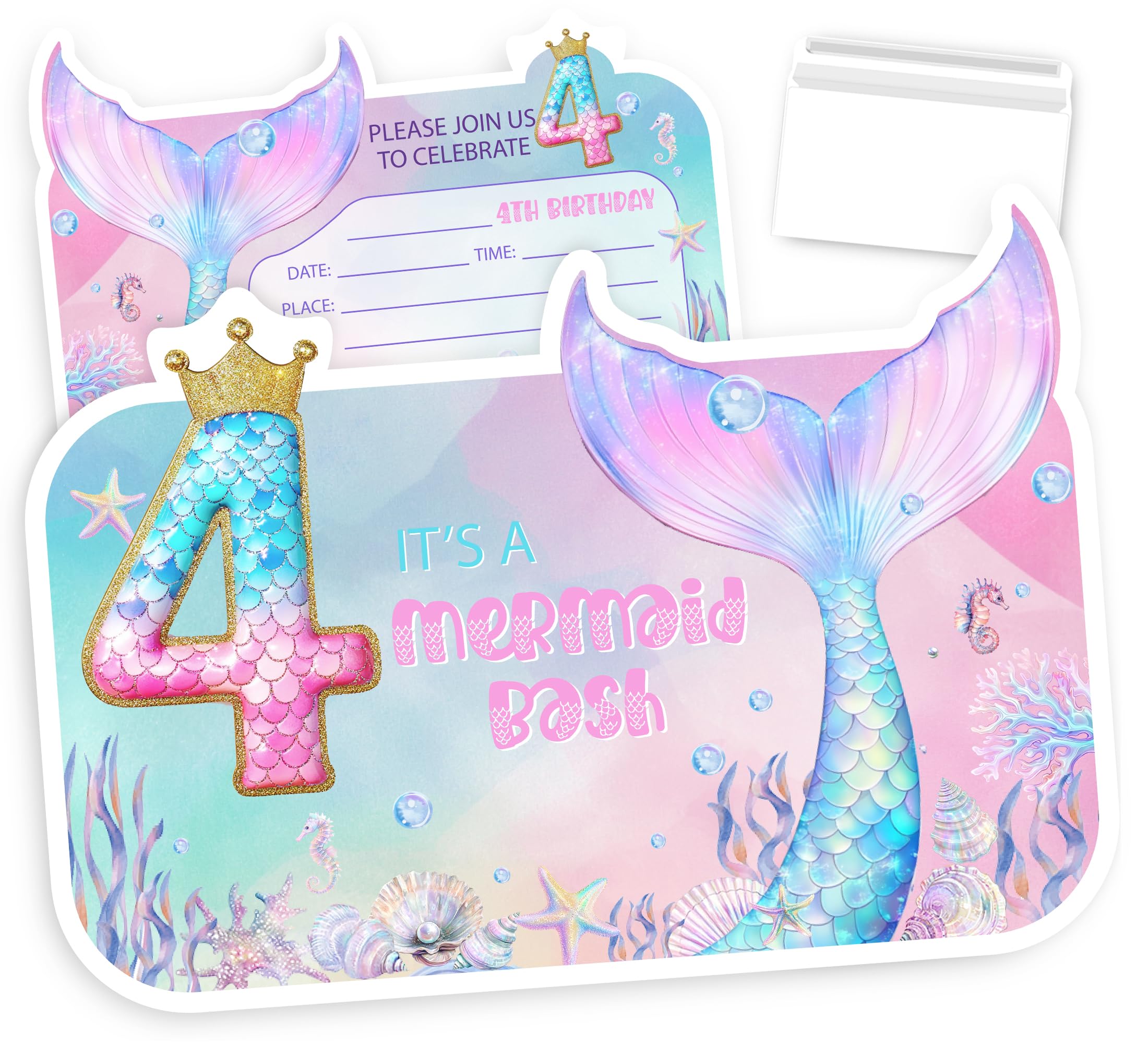 VAVINCI Mermaid Birthday Invitations, 4th Birthday for Girls Kids, Pink Mermaid Pool Party Invites, 30 Sets with Envelopes