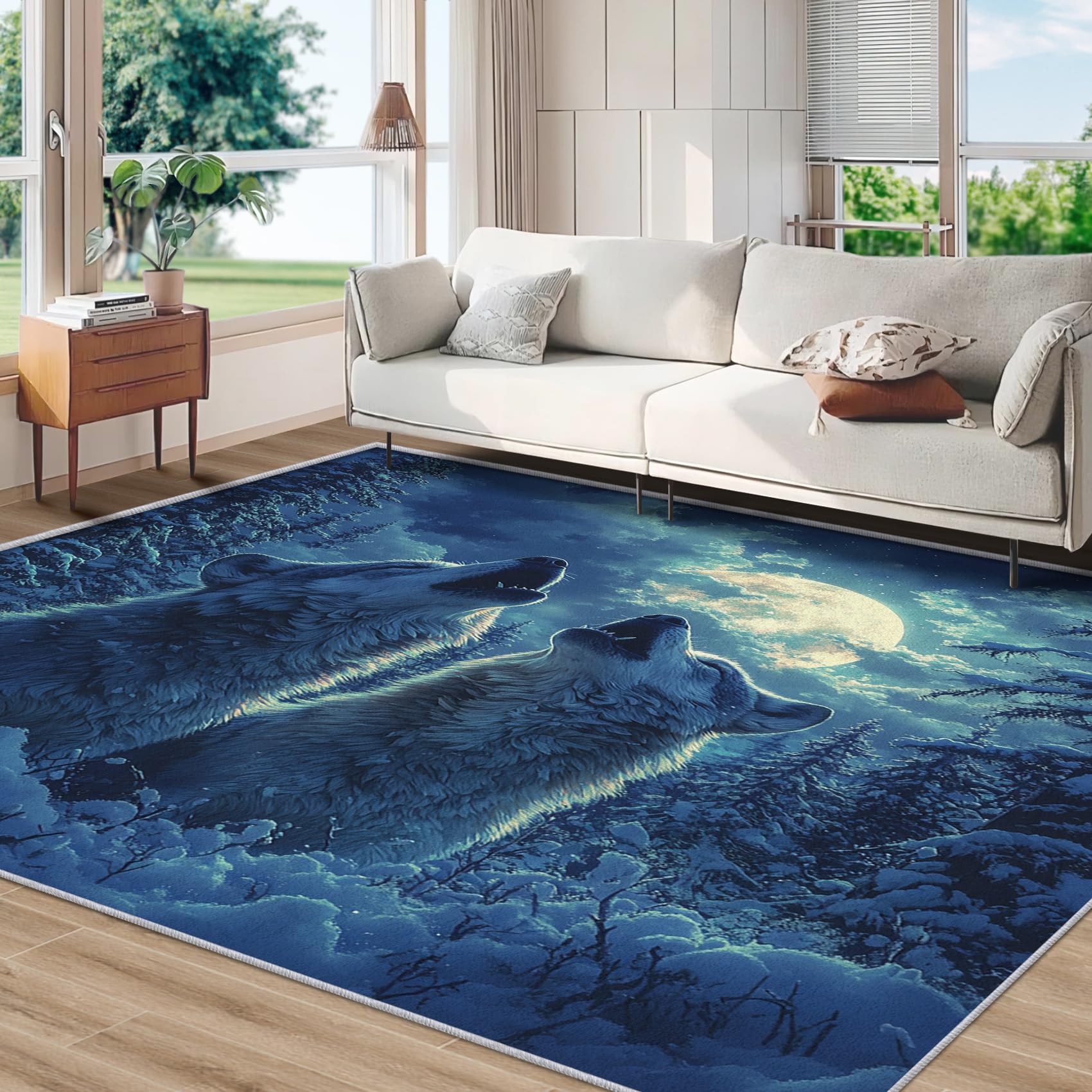 Amazon.com: Crizdryn Alpha Wolf Rug for Living Room Bedroom, Winter  Wilderness Forest Wolves Area Rug 5x7ft, Non Slip & Low Pile Faux Wool Thin  & Washable Carpet for Indoor Dining Room and