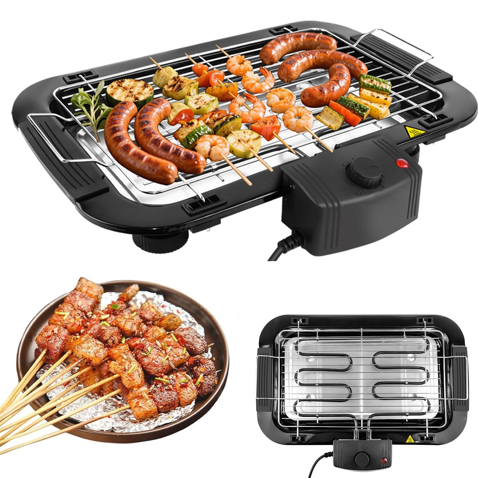 Outdoor & Indoor Electric Smokeless Table Top Grill with Drip Tray, 1500W Electric BBQ Griddle Non-Stick Barbecue Grill, Adjustable Temperature, Portable BBQ for Kitchen Dinner Party Camping Cooking