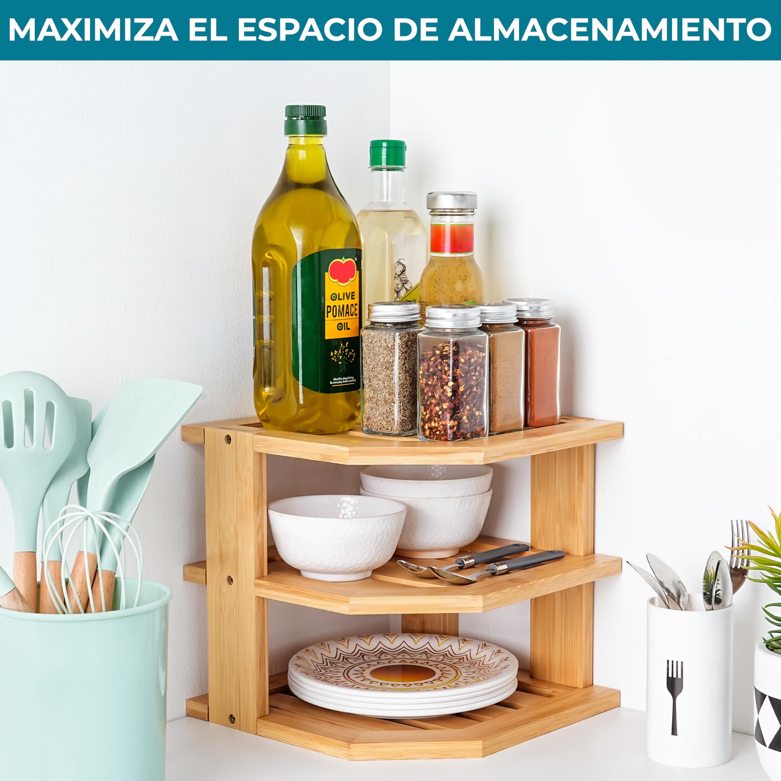 Winter Shore Estante Esquinero Organizador Platos de Encimera - Ahorro de Espacio en el Armario de la Cocina - Organizador Armario Cocina Esquinero Elegante y Pequeño - Estante para Especias