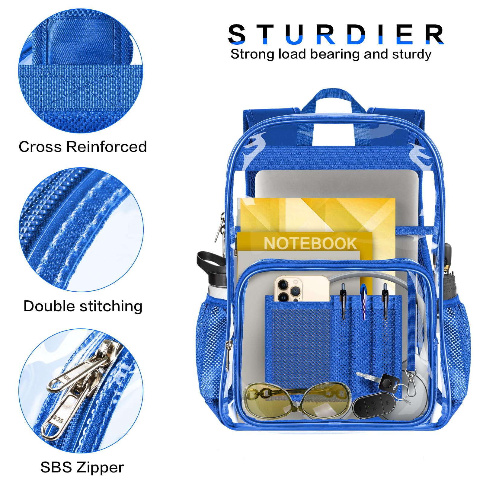 Mochila transparente, resistente mochila transparente con parte inferior reforzada para la universidad, viajes, seguridad en el lugar de trabajo.., Azul, Casual 5