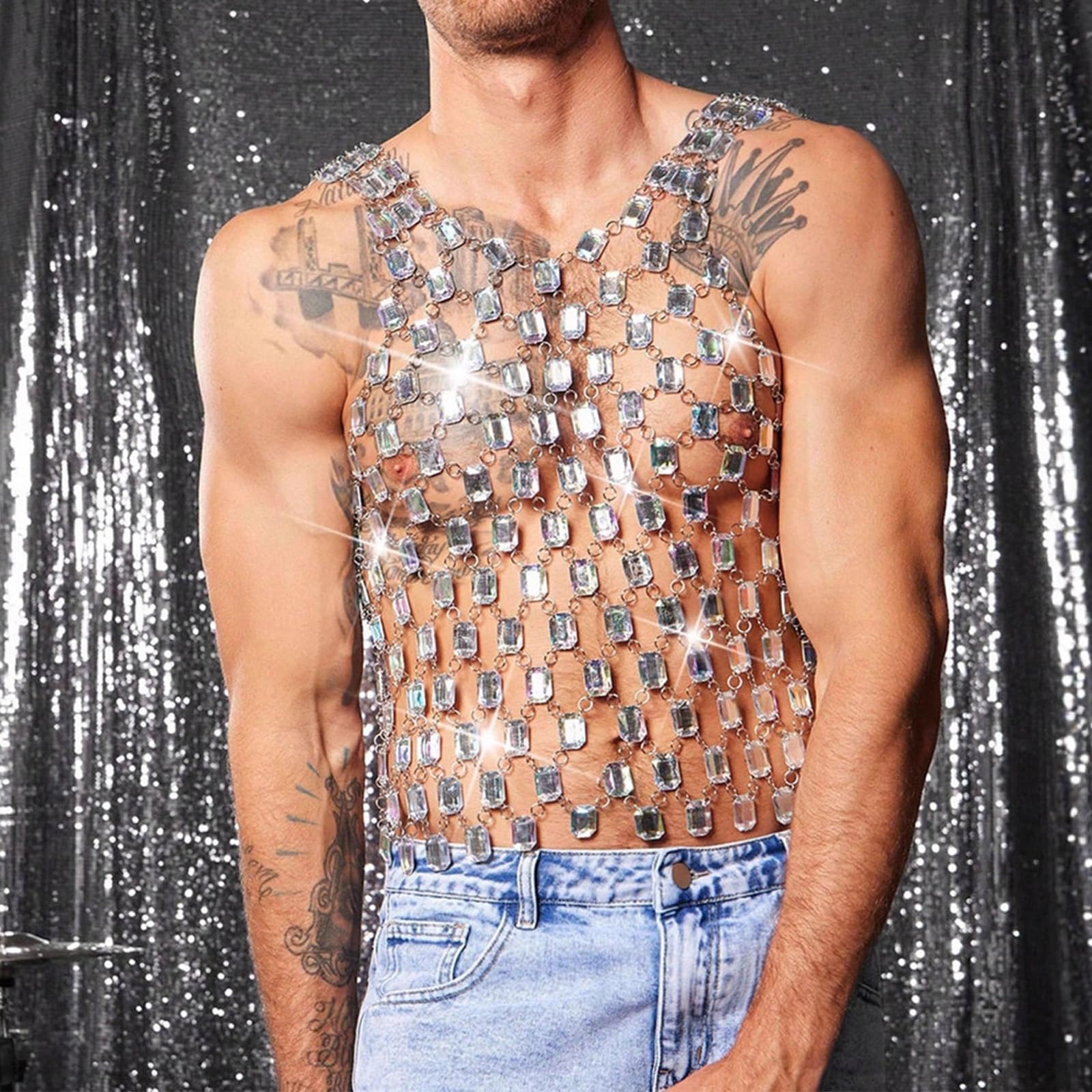 Gilet acrilico fatto a mano unico, abbigliamento casual traspirante per eventi musicali, uomo elegante, lingerie, costume, outfit da festival musicale alla