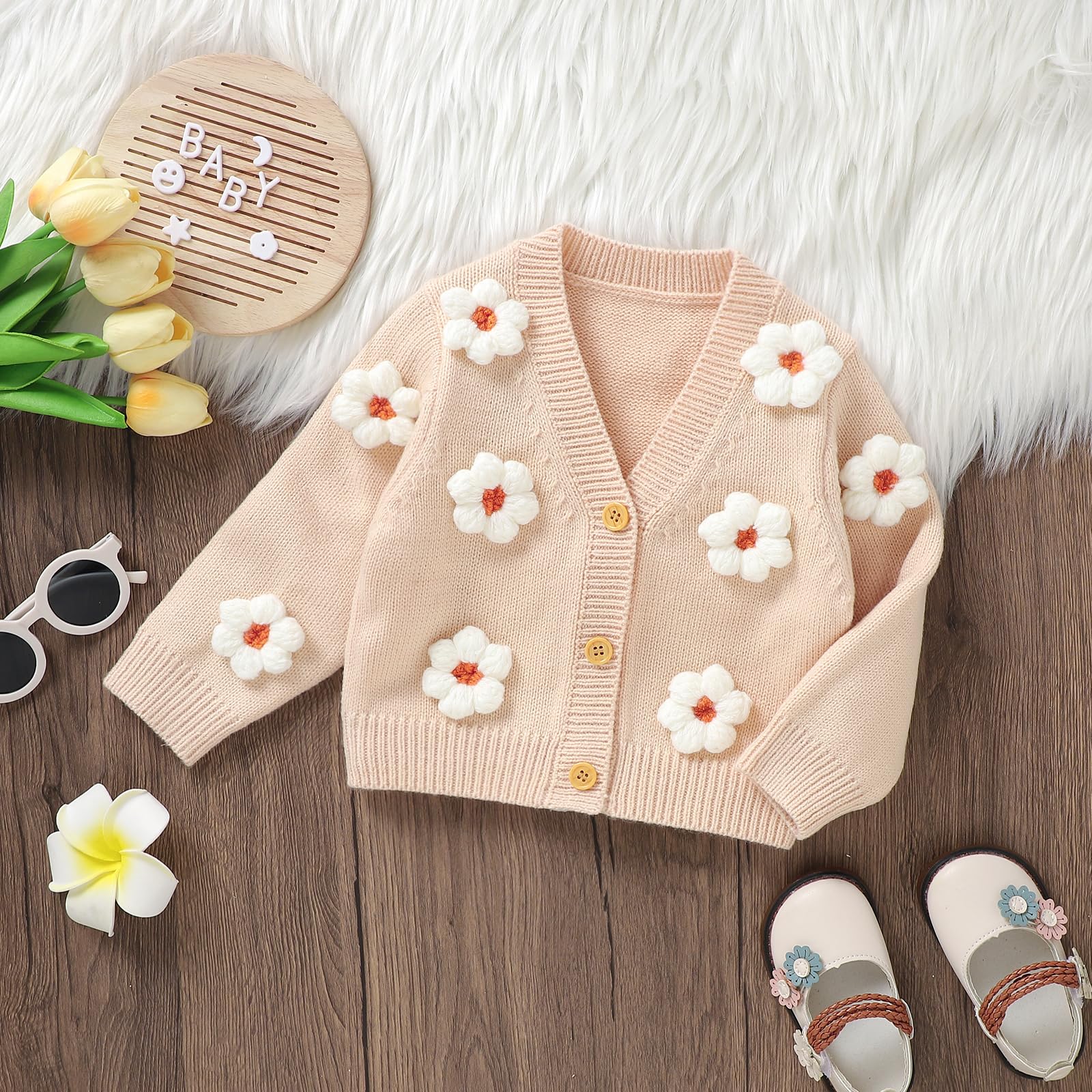 Qianderer Strickjacke für Babys, Kleinkinder, Mädchen, Blumenmuster, langärmelig, Pullover, Mäntel, Strickkleidung, warme Herbst-Winter-Outfits
