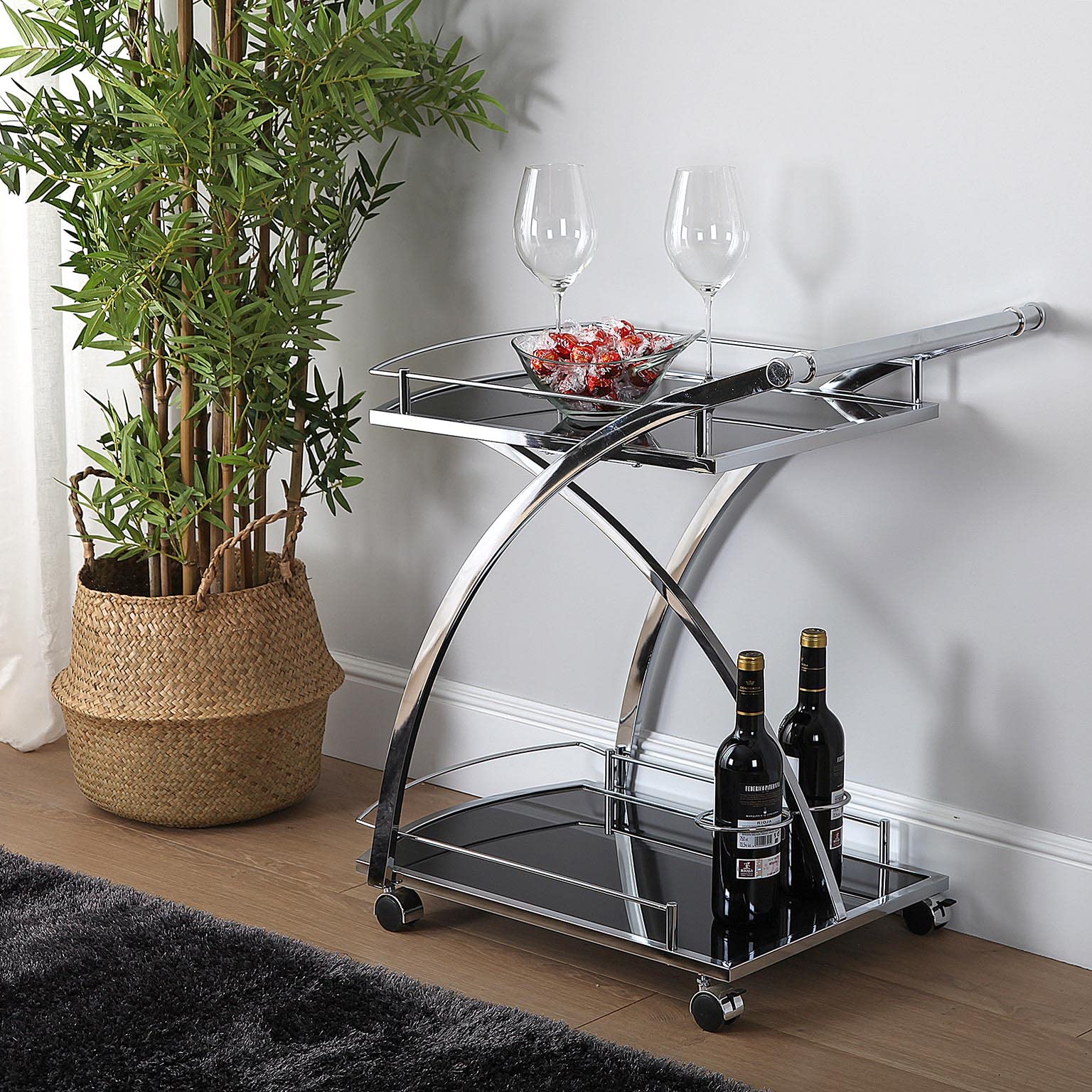 Versa Koła do serwowania, szklany i metalowy, stojak na wino na napoje, czarny/biały, 66 cm