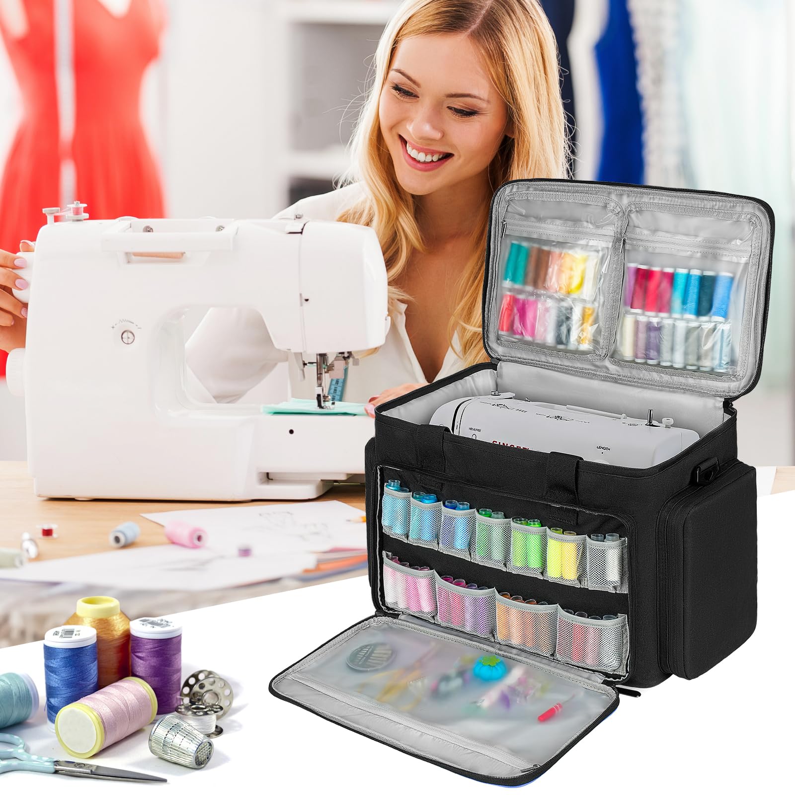 LEFOR·Z Bolsa de máquina de coser, bolsa de transporte para máquina de coser con bolsillos para máquinas de coser y accesorios de costura, bolsa de costura adecuada para la mayoría de tamaños estándar