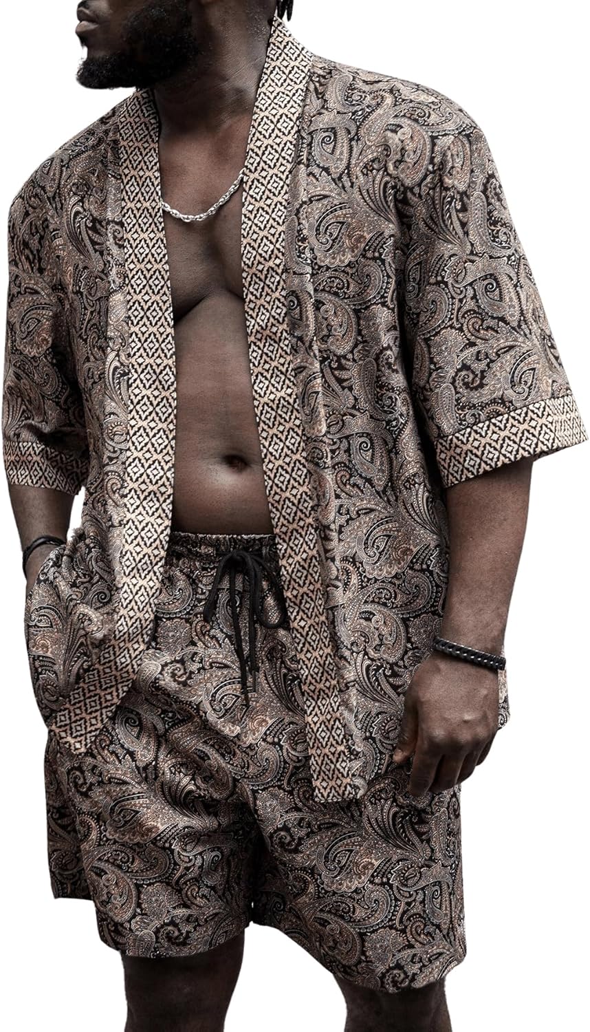BEAUDRM Men's Plus Size Hawaiian Matching Set Paisley Print Short Sleeve Kimono and Drawstring Waist Shorts Sets