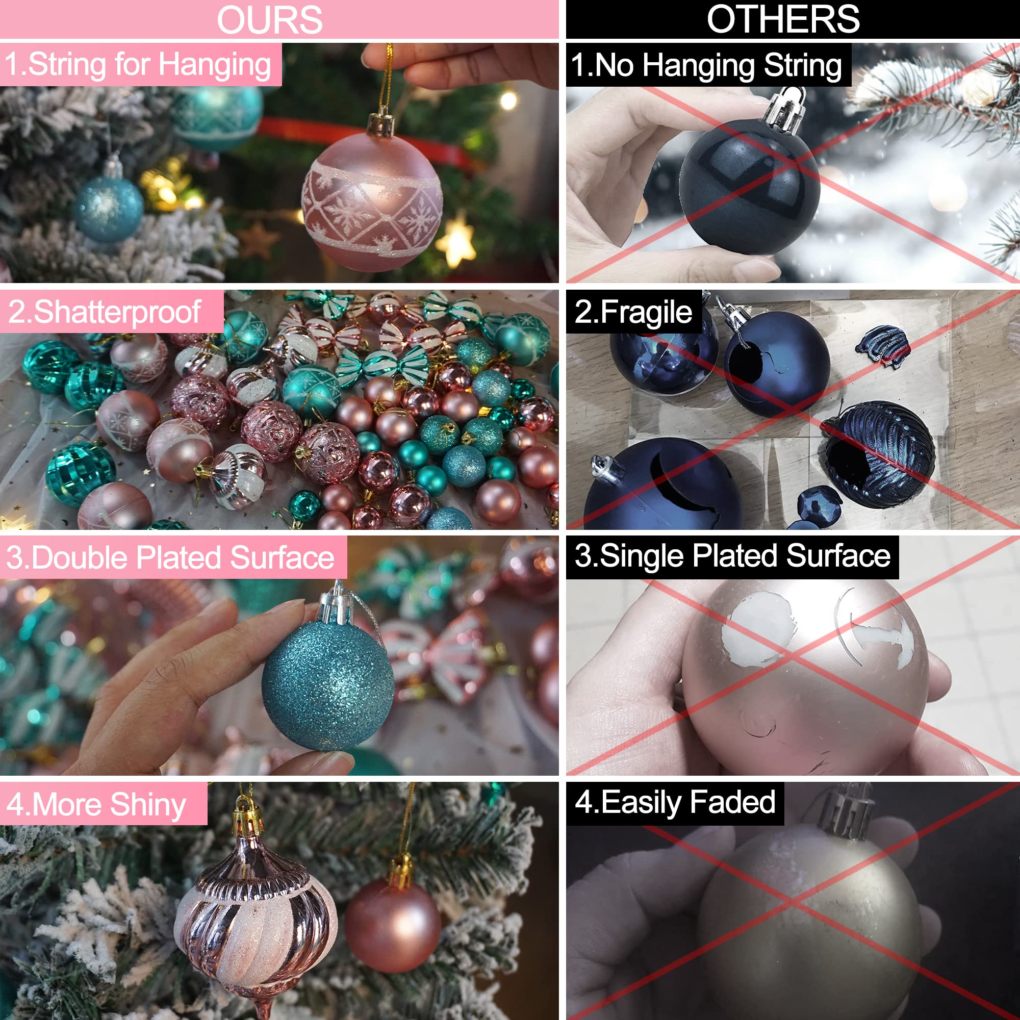 PIIDUOO Lot de 97 Boules de Noël en Plastique Turquoise Rose Mat à Paillettes pour Sapin de Noël
