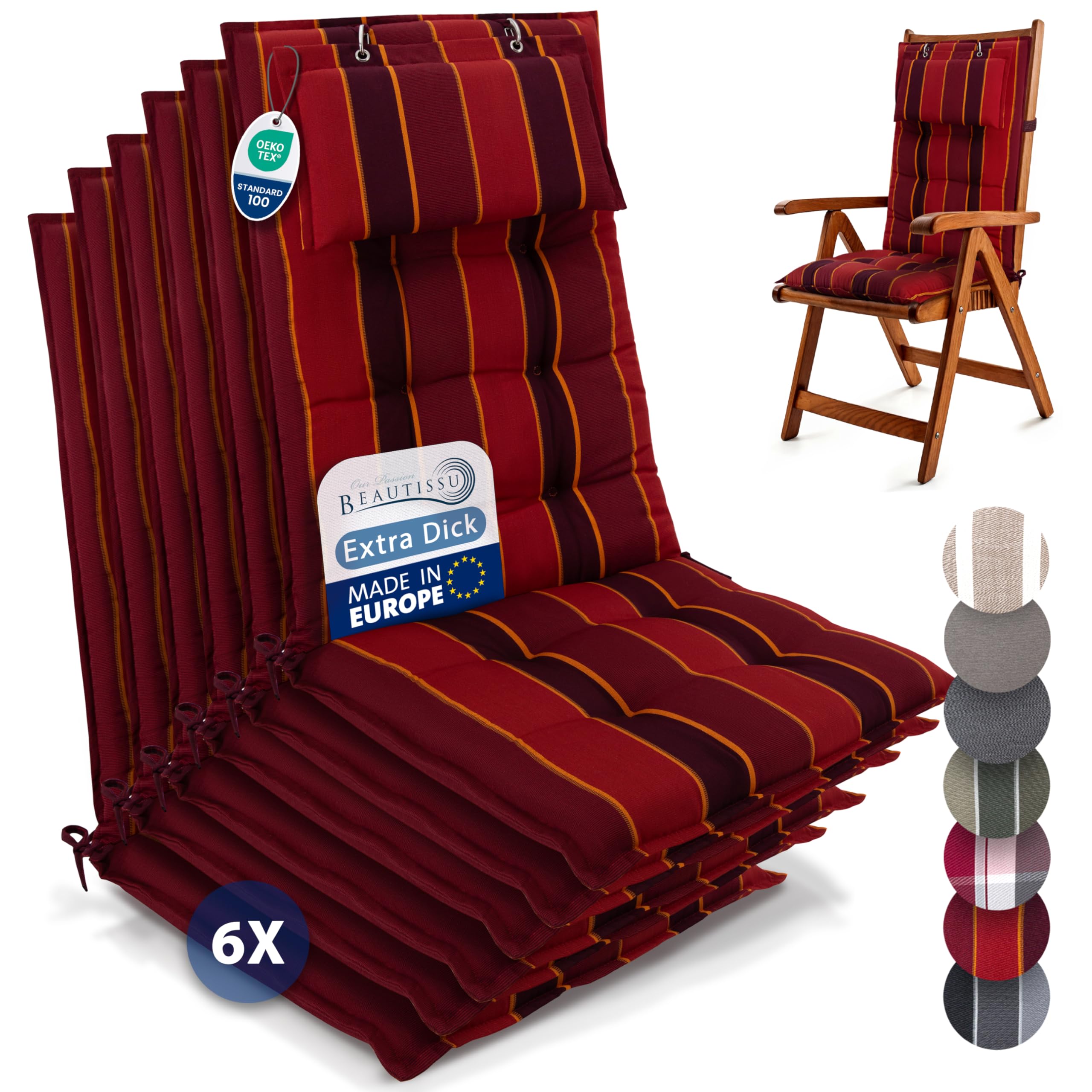 Beautissu 6er Set Premium Hochlehner Auflage mit Kopfpolster 120x50cm Sun-HL – 8cm Dick Polster Gartenstuhlauflage rutschfest Befestigungsbänder UV-Lichtechtheit 5 – Robust Stoff Rot Gestreift