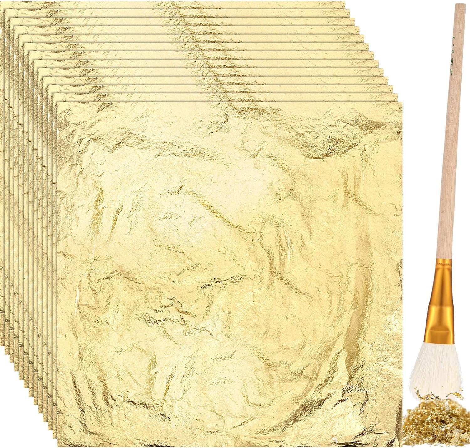 Aowin 100 Sheets Gold Leaf with Brush Gold Foil Paper DIY Gold Leaf Sheets Nail Foil Stage Makeup Gold Foil Craft for Arts Painting Gilding Crafting Decoration 14cmx14cm(Gold)