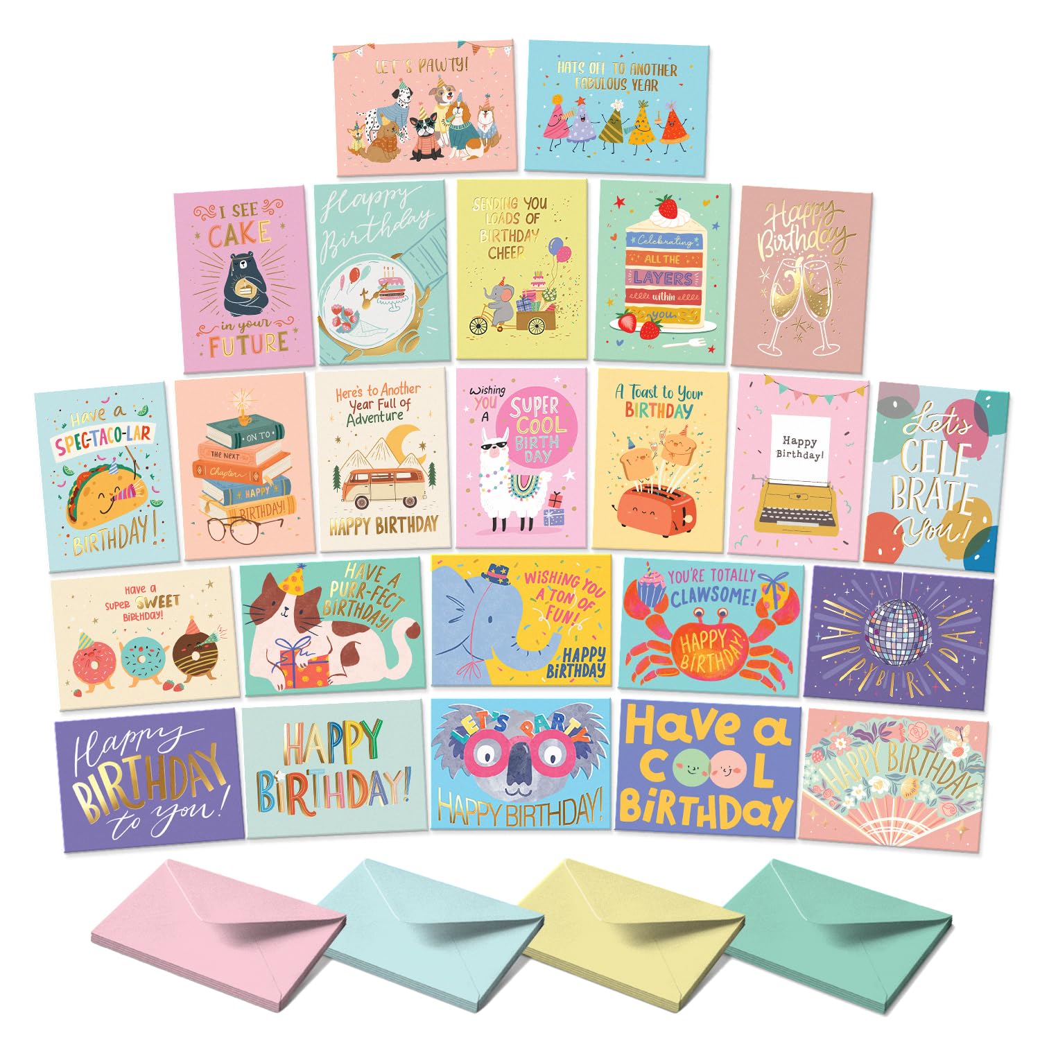 S&O Box of Birthday Cards with Envelopes - Bulk 24 Unique Happy Day Notes - Colorful Birthday Decor Bulk for Office & Home - Assorted Party Cards with Envelopes - 4x5.5”