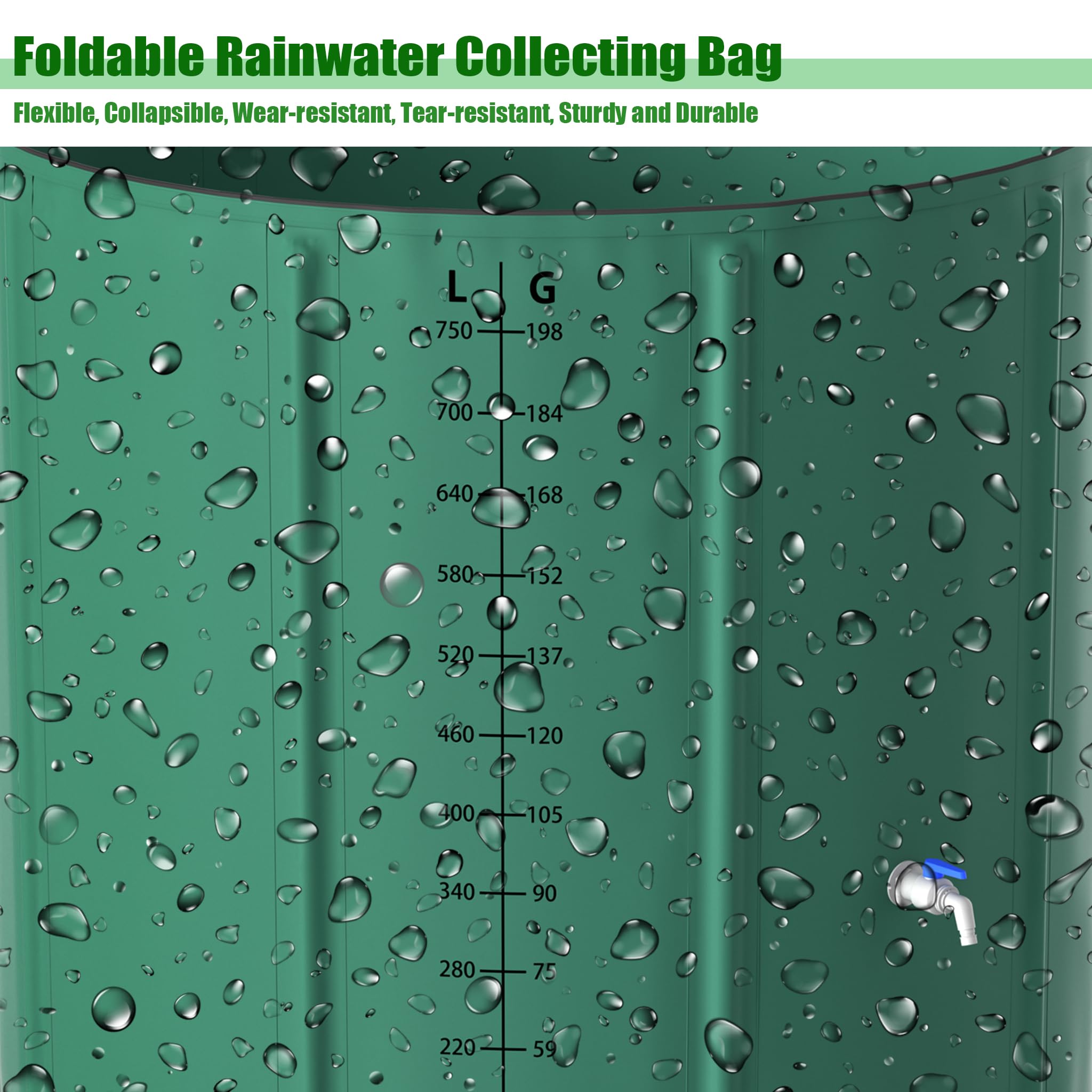 750L Faltbare Regentonnen 150 Gallonen Wasserauffangbehälter mit Wasserhahn, Skala & Ablauf Tragbare Regenwassertonne mit Stützstab Grün Wassertank zum Sammeln von Regenwasser Garten Regentank