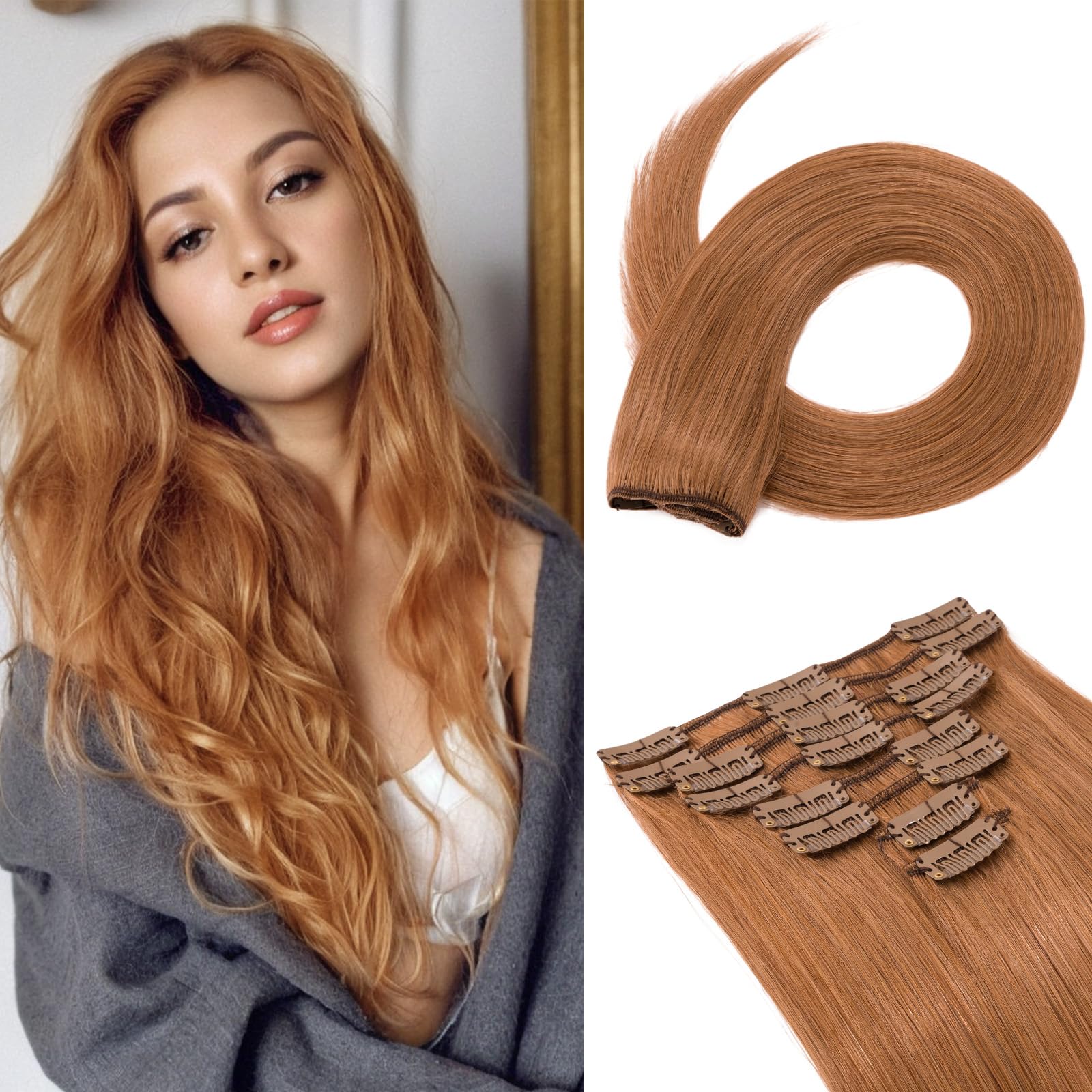 Benehair Clip-in Real Human Hair Extensions - Full Head, 16inch, 8pcs, Long Straight, Remy Auburn, #30 Light Auburn
