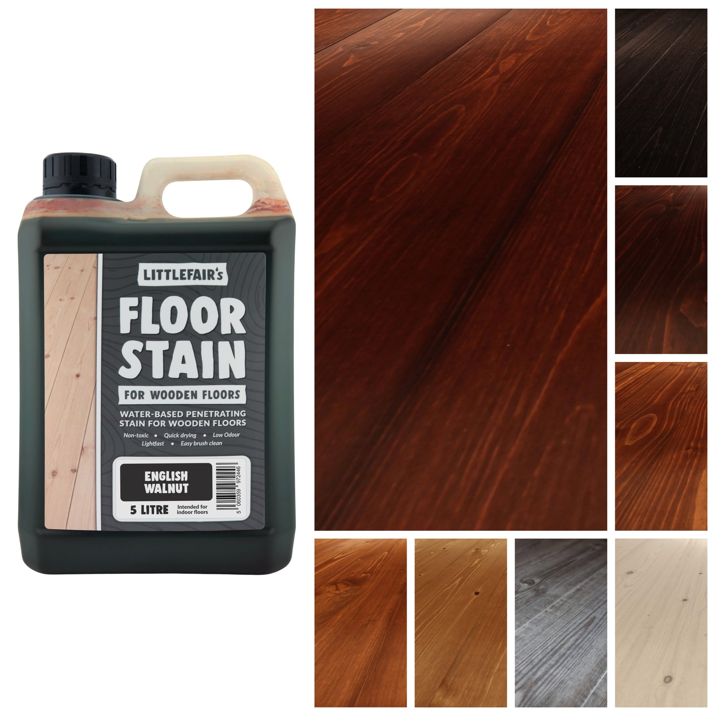 Littlefair's English Walnut Wood Floor Stain Water-Based (English Walnut) - Quick Drying, Non-Toxic, Eco-Friendly & Low Odour - 5Ltr