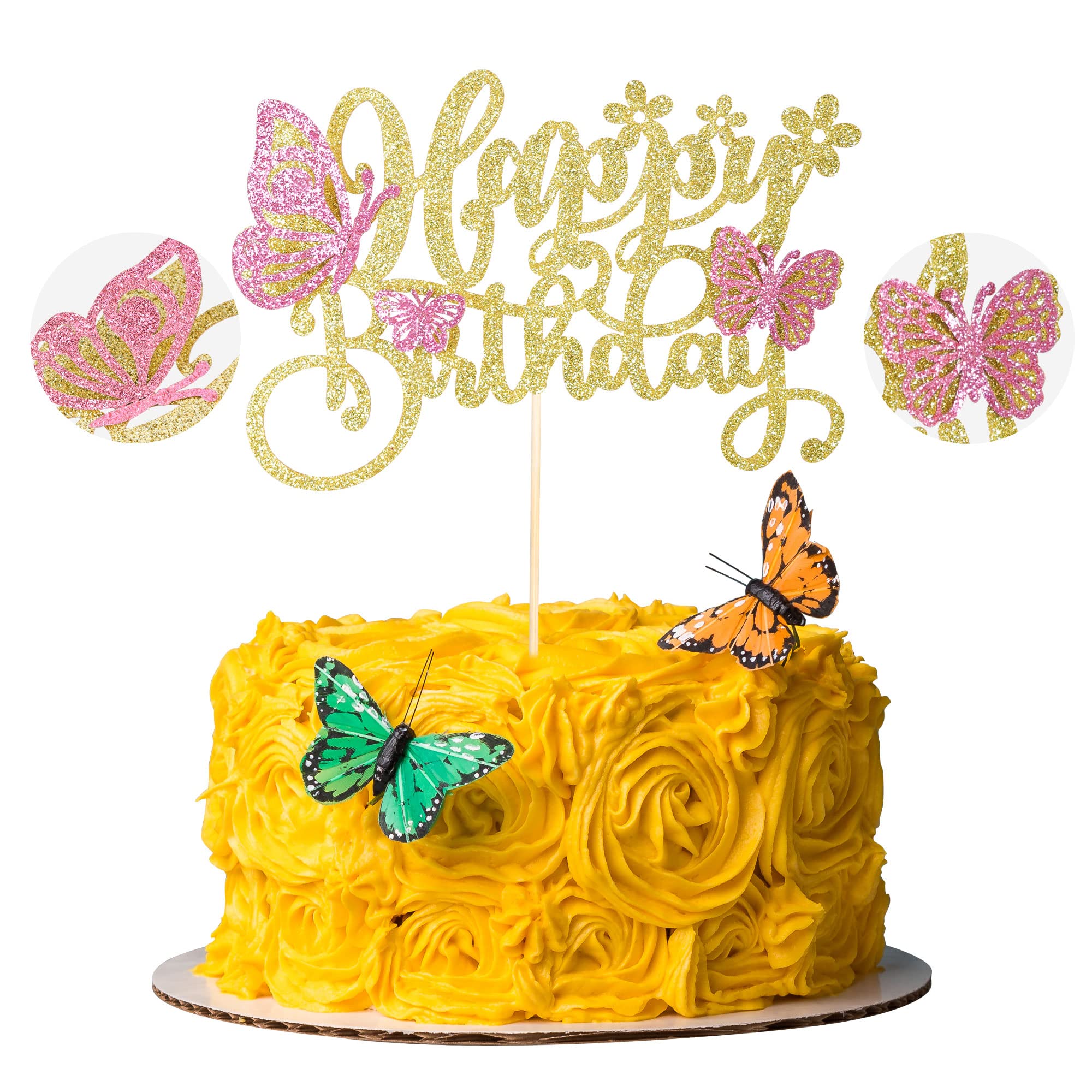 Gyufise1Pcs Butterfly Cake Toppers Glitter Happy Birthday 3D Butterfly Cupcake Toppers Butterfly Birthday Cake Decorations for Wedding Baby Shower kids Birthday Party Supplies Gold Pink