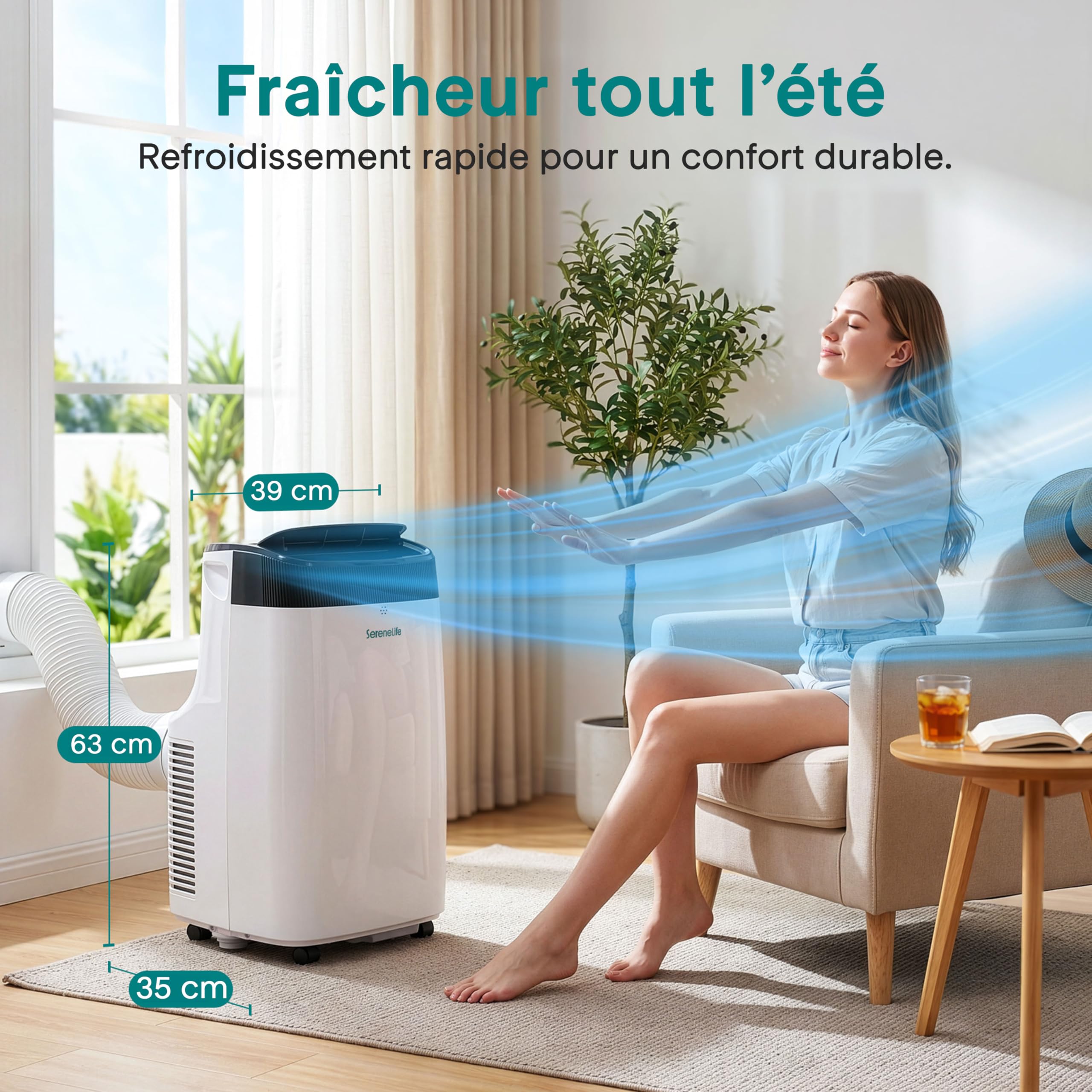 SereneLife Climatiseur Mobile Silencieux,7K BTU, Climatiseur Portable 3-en-1 avec Fonction Déshumidificateur Intégrée, Mode Ventilateur, Télécommande, Kit d'Évacuation Complet pour Fenêtre,Blanc