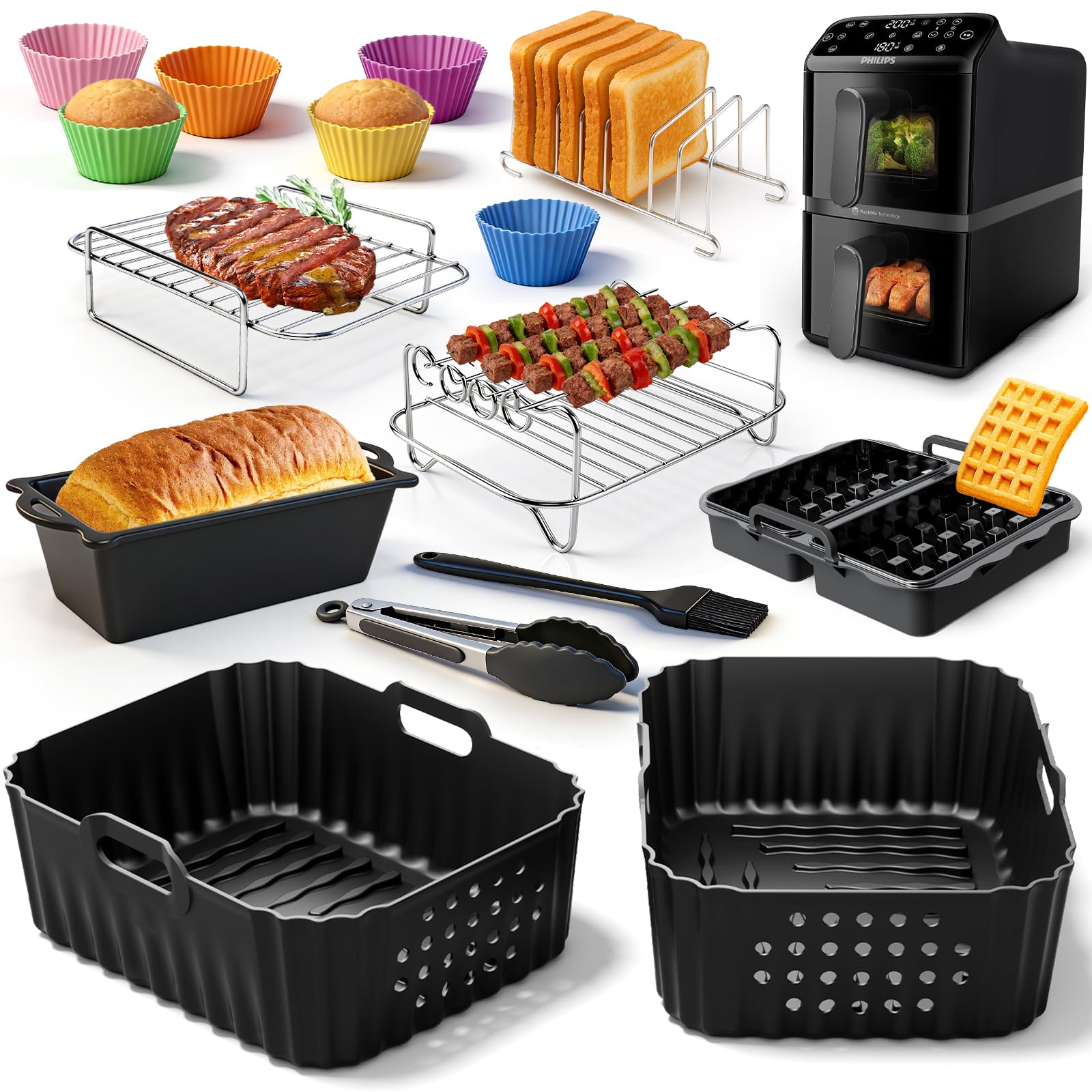 Airfryer Zubehör für Philips NA460/NA462 10L, Silikonform Zubehör | Heißluftfritteuse Zubehör für Philips Airfryer 4000 Series Stacked Dual Basket 10L, uflaufform Einsatz Anstelle Backpapier