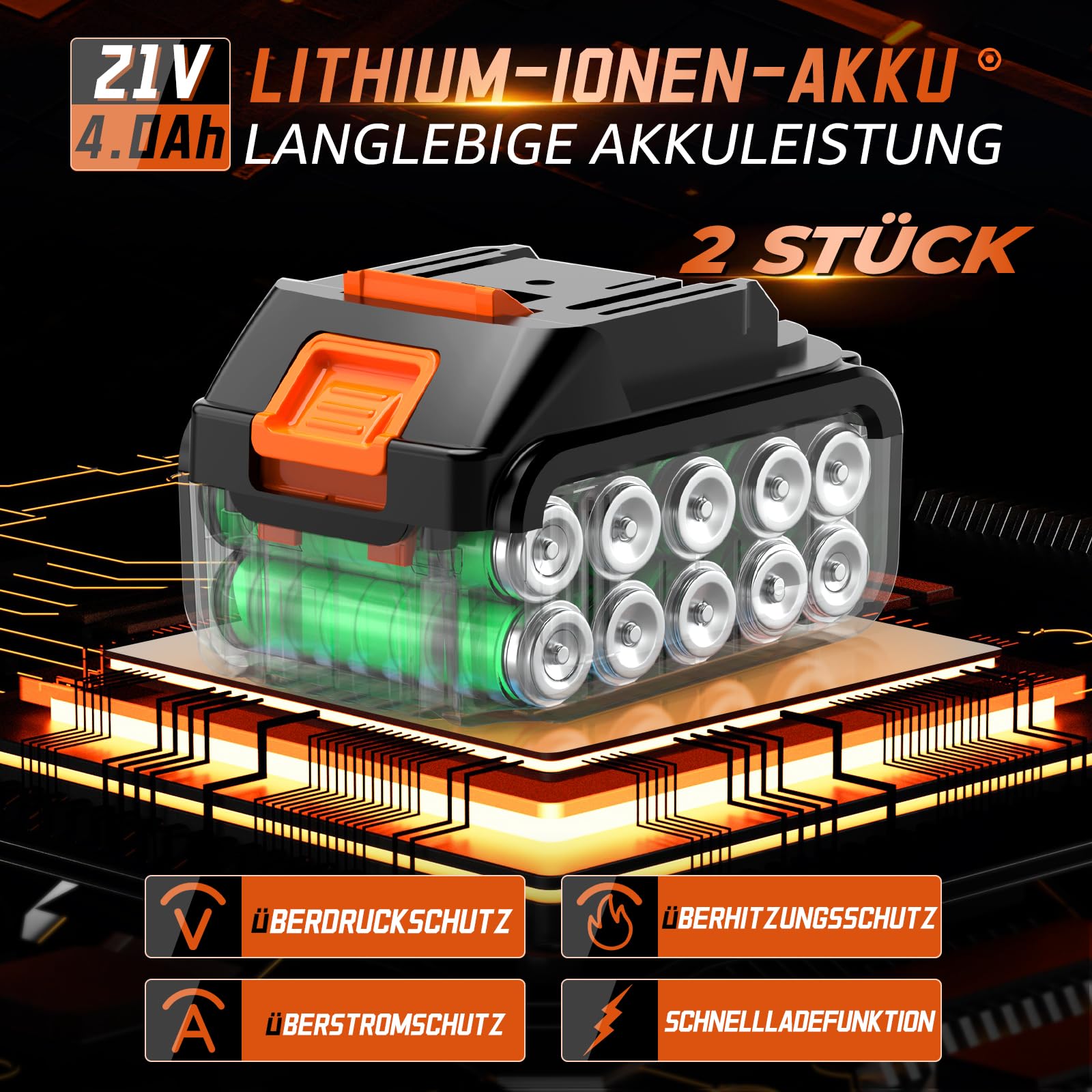 1300 Nm Akku-Schlagschrauber, 1/2 Zoll, 21V bürstenloser Schlagschrauber mit hohem Drehmoment, mit 2 x 4,0 Ah Akkus, 6 Steckdosen,für Radmuttern von Auto, Wohnmobil, LKW