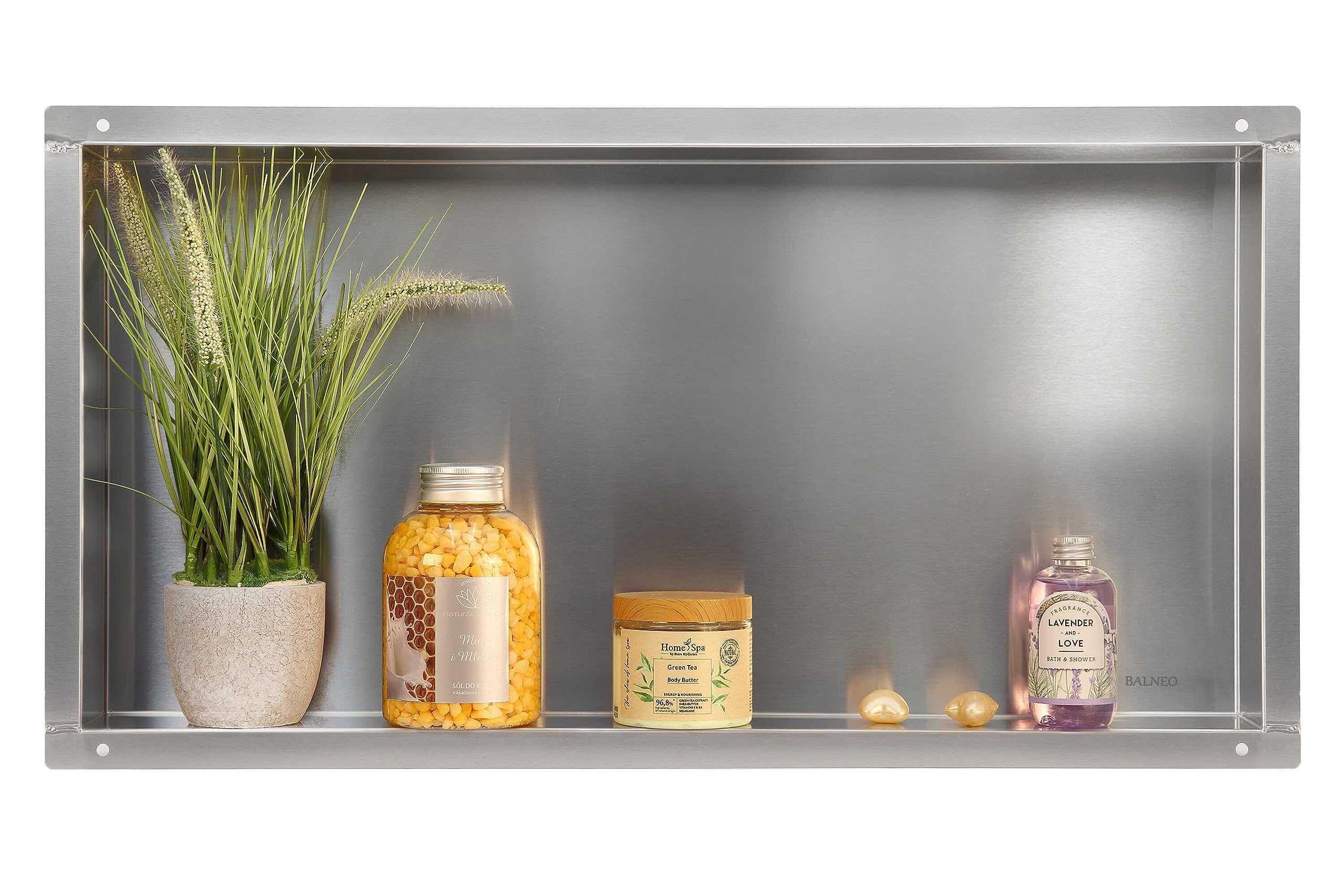 WALL-BOX NO BORDO Doccia da Nicchia a Parete in Acciaio Inox 60x30x10cm Nicchia da Doccia Impermeabile, Installazione Nicchia Flessibile, Nicchia per Utensili da Bagno, Sotto Le Piastrelle