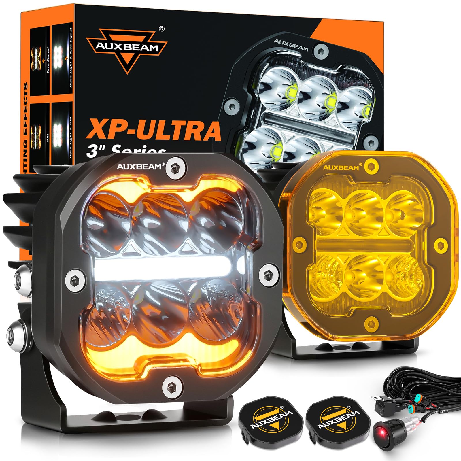 Auxbeam XP-Ultra Series Amber White DRL Function & Turn Signals, 3 Inch 84W LED Cubes Offroad Pod Light Bar, 9600LM Spot Flood Combo Beam Ditch Lights, Dual Color Covers Included, Pair