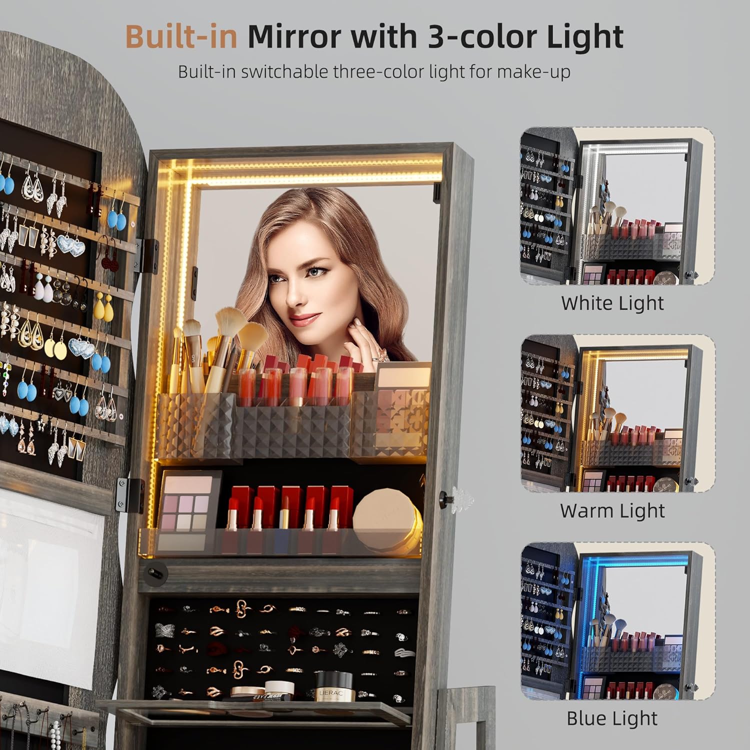 Close-up of the interior makeup mirror with LED lights, showing different light color options.
