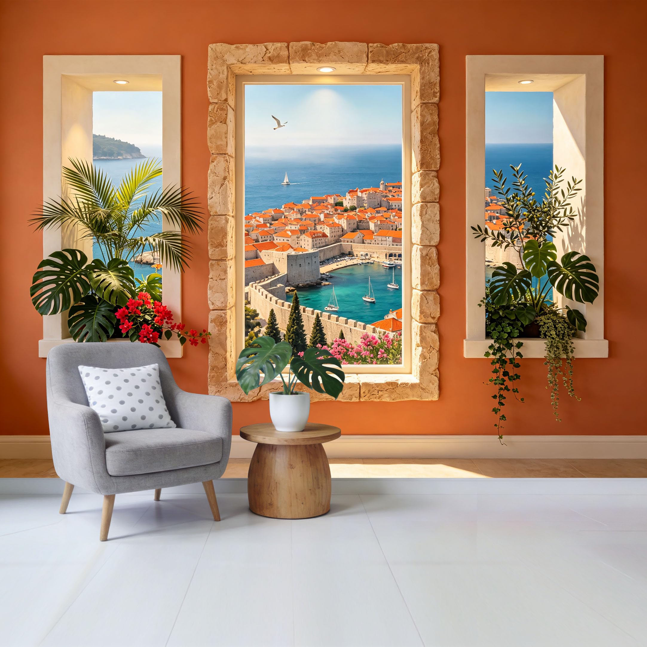 Custom Size Wall Mural Coastal Mediterranean Seaside City View with Tropical Plants Removable Self Adhesive Fabric， Home Wall Decor for Living Room Bedroom Bathroom