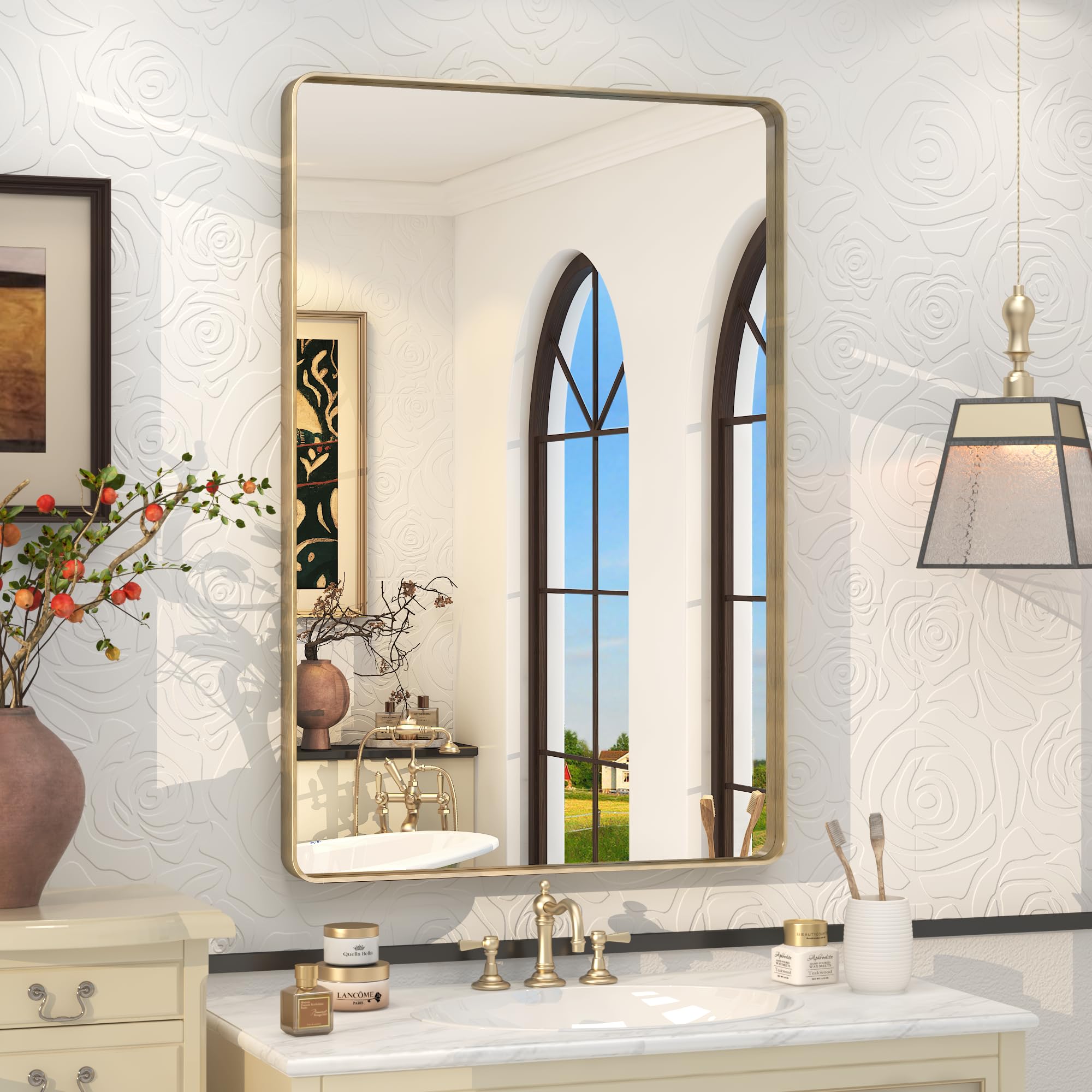 VANLIO 24x36 Inch Gold Framed Bathroom Mirror, Rectangle