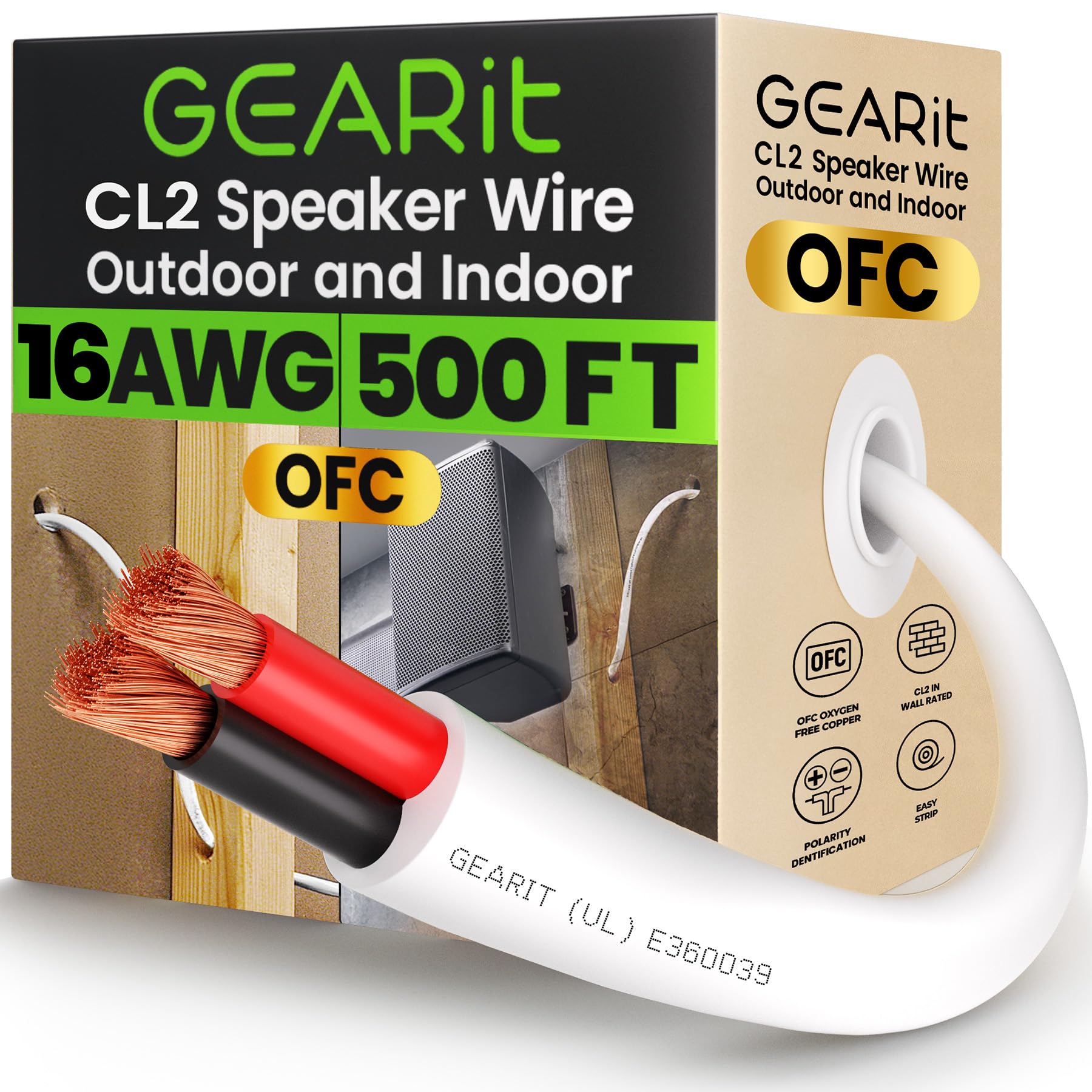 GearIT 16/2 Speaker Wire (500 Feet) 16AWG Gauge - in Wall Audio Speaker Wire Cable / CL2 Rated / 2 Conductors - OFC Oxygen-Free Copper, White 500ft