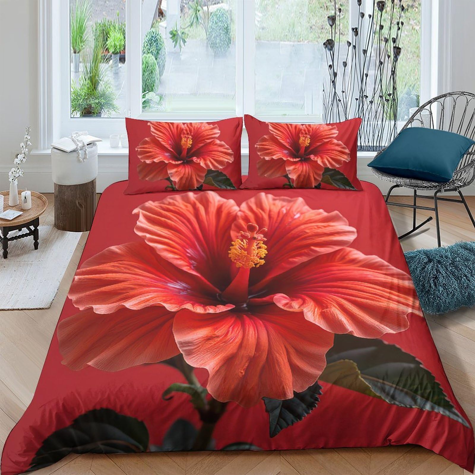Ctjqhvkz Style-1 3D Printed Red Hibiscus Fitted Sheet Microfiber Breathable Tropical Flower Bed Cover For Bedroom Guest Room Decor Easy Care Single（135X200cm）