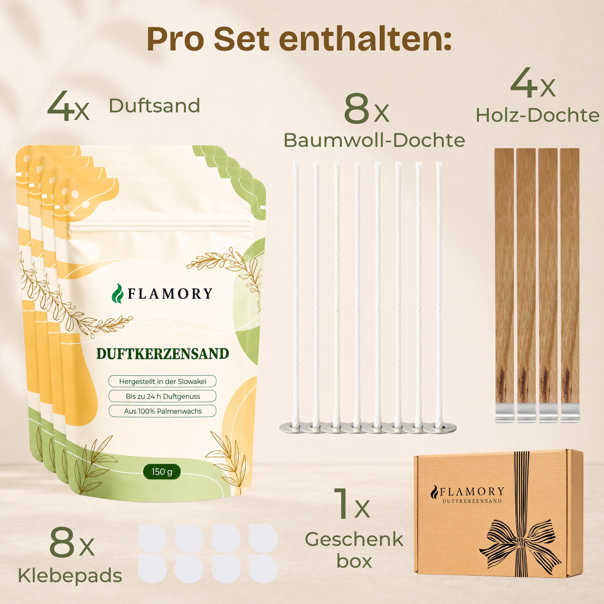 Geschenkset Elegance Kerzensand mit Duft 4x150g inkl. 12 Dochte | 96h Brennzeit. Pflanzenwachs, ohne Paraffin, rußarm. Vegan und nachfüllbar. Kerzensand mit Docht und Duft.