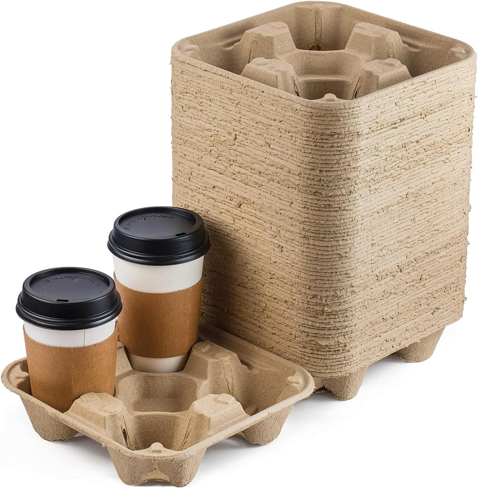 FMP Brands 4 Cup Disposable Drink Carrier Trays, 45 Pack Compostable Pulp Fiber Cup Holder for 8-32 oz Cup, Durable to Go Coffee Cup Holders for Delivery Service, Uber Eats