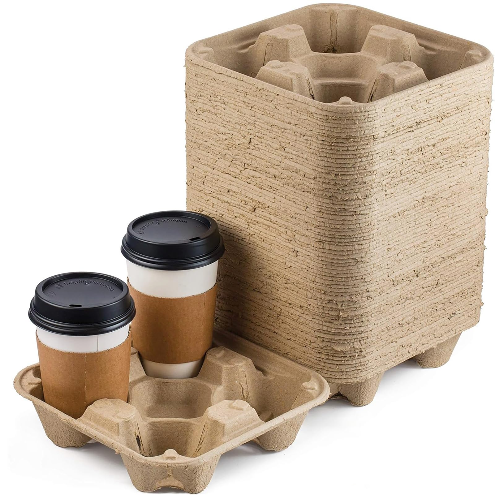 4 Cup Disposable Drink Carrier Trays, 45 Pack Compostable Pulp Fiber Cup Holder for 8-32 oz Cup, Durable to Go Coffee Cup Holders for Delivery Service, Uber Eats
