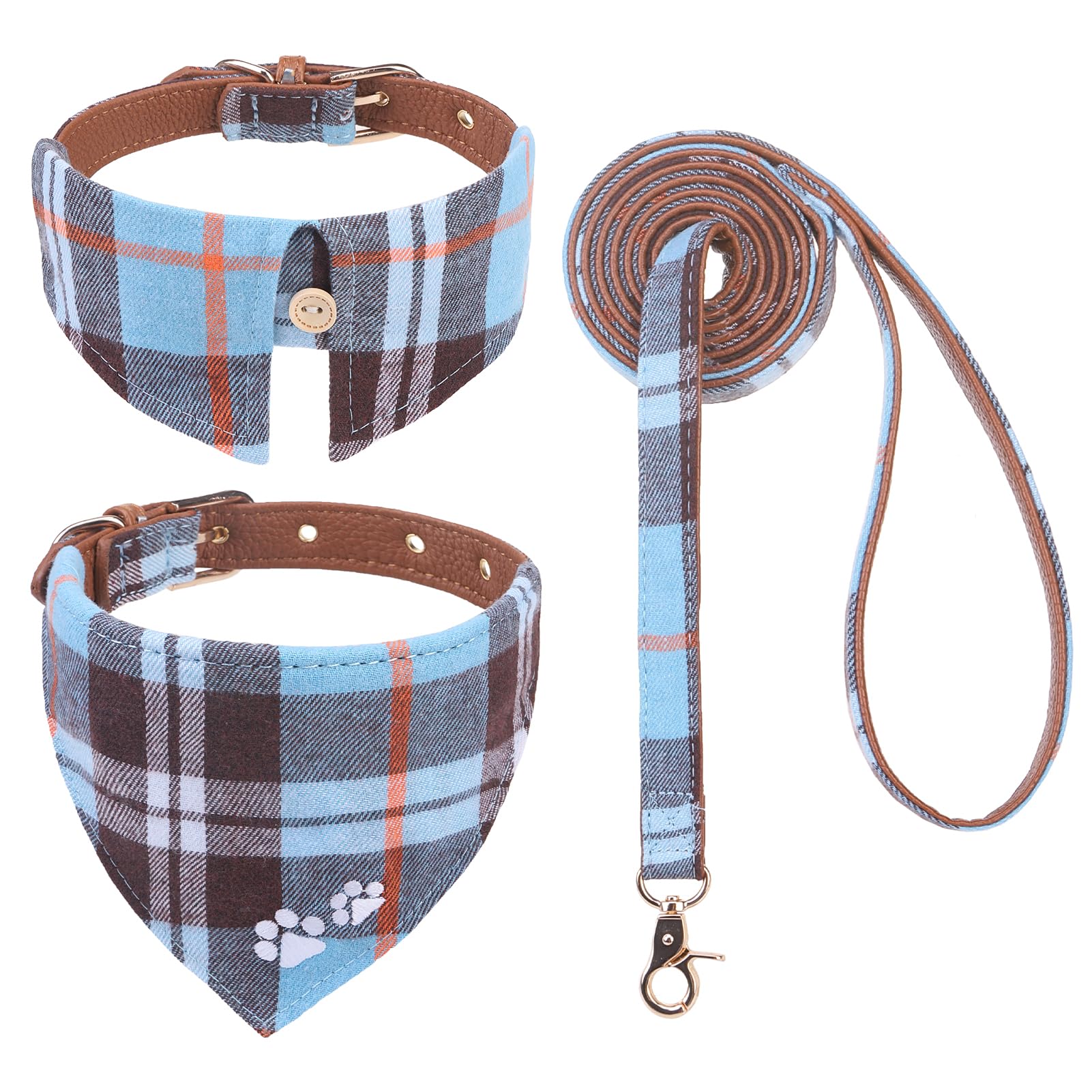 EXPAWLORER Dog Collar and Leash - Embroidery Pawprints Plaid Medium Dog Collars and Leash Set, Cute Bandana and Detachable Collar, Suitable for Small