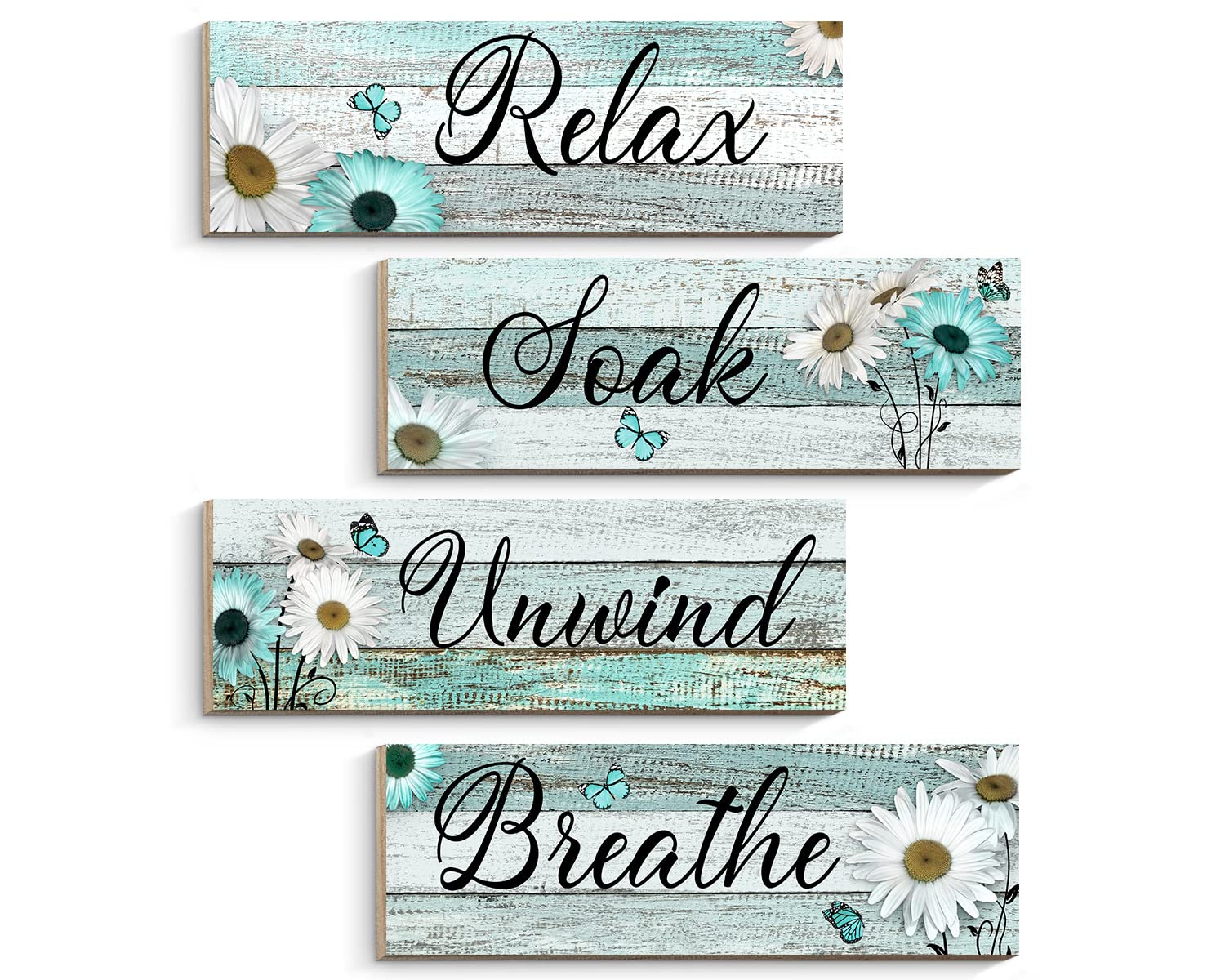 ARTINME 4 Pieces Farmhouse Bathroom Wall Decor Sign Teal Daisy Floral Flowers and Butterfly Bathroom Wall Art Blue Relax Soak Unwind Breathe Rustic Wood Plaque for Home Spa Laundry, 10 x 4 Inch